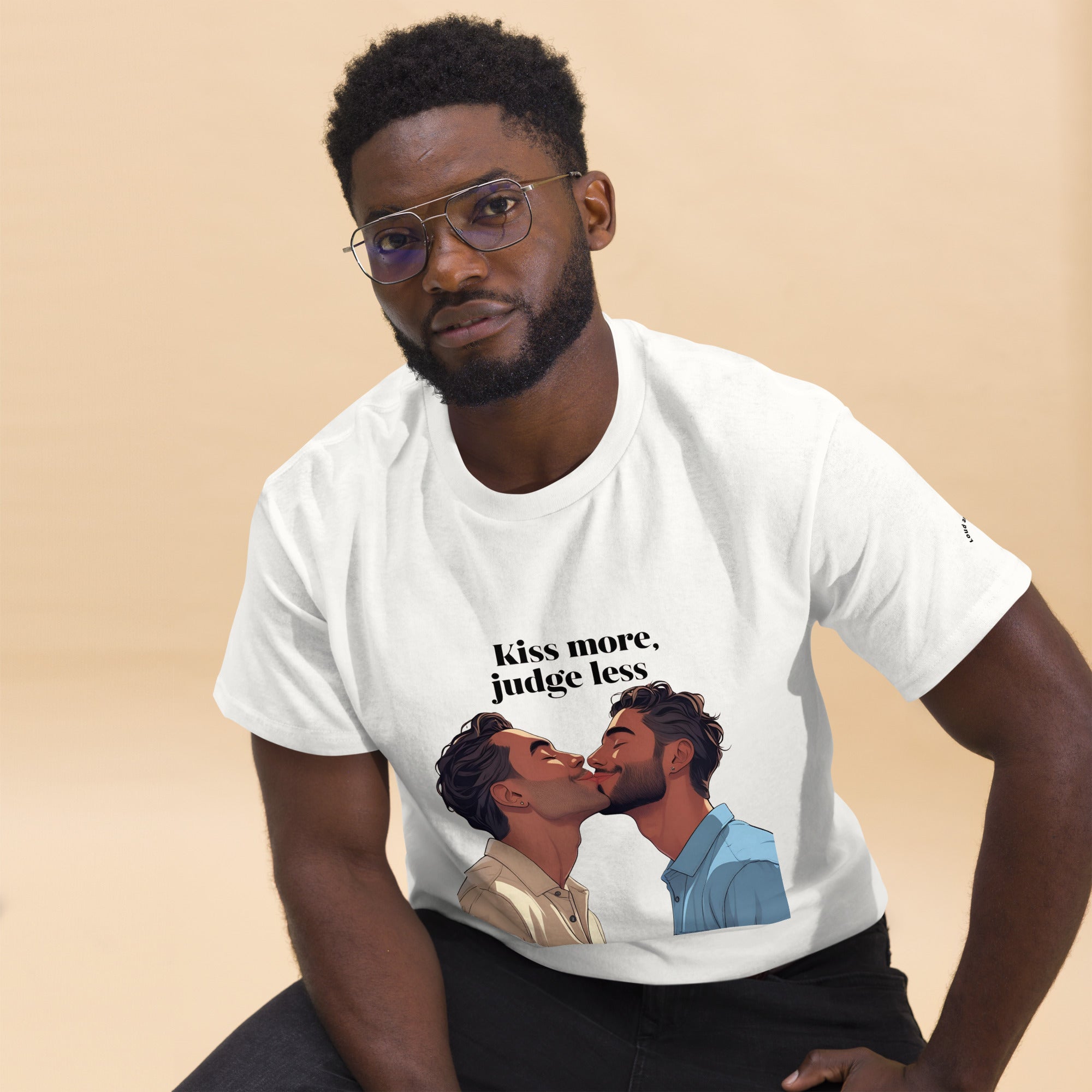 Man wearing a white t-shirt with a graphic design and text on a beige background