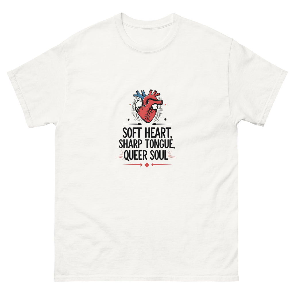Close-up of Soft Heart, Sharp Tongue, Queer Soul graphic on soft cotton fabric