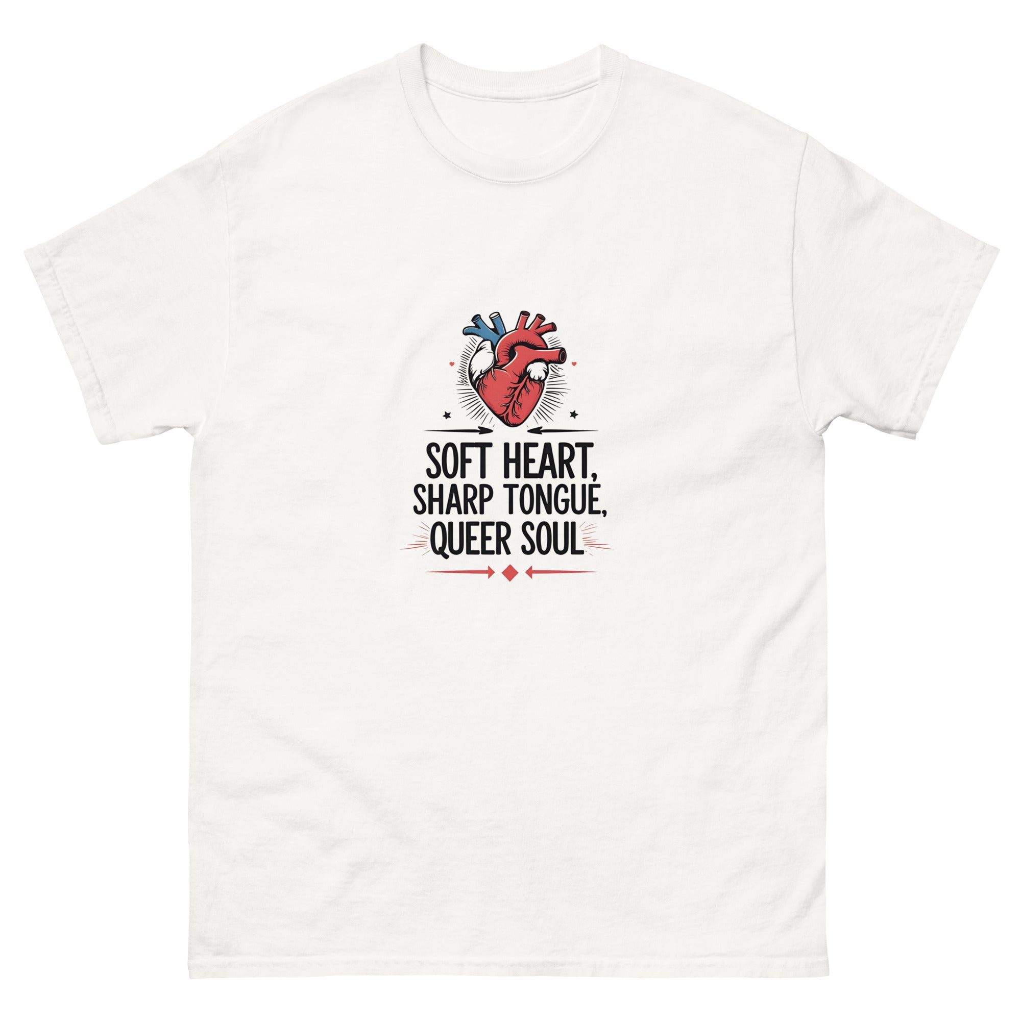 Close-up of Soft Heart, Sharp Tongue, Queer Soul graphic on soft cotton fabric