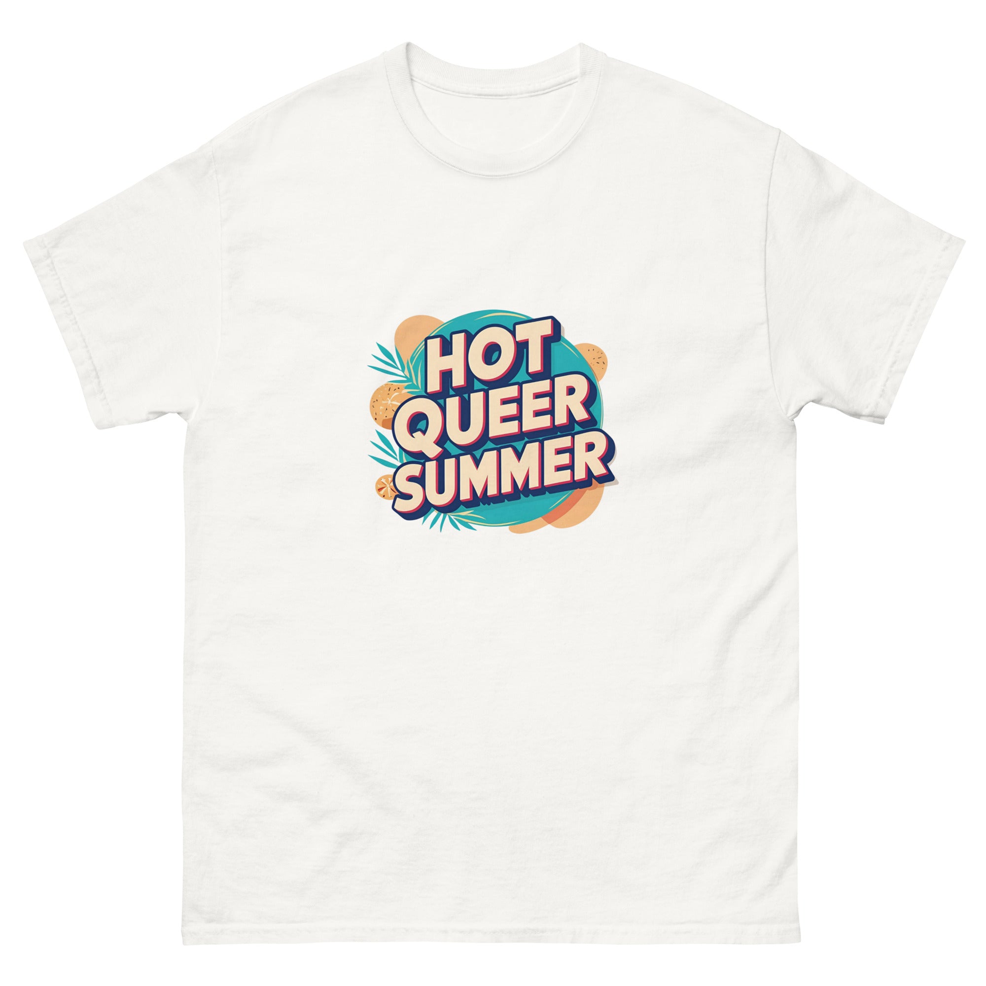 Model wearing Hot Queer Summer slogan T-shirt by Savage Cotton in bright coral, styled with sunglasses and rainbow accessories