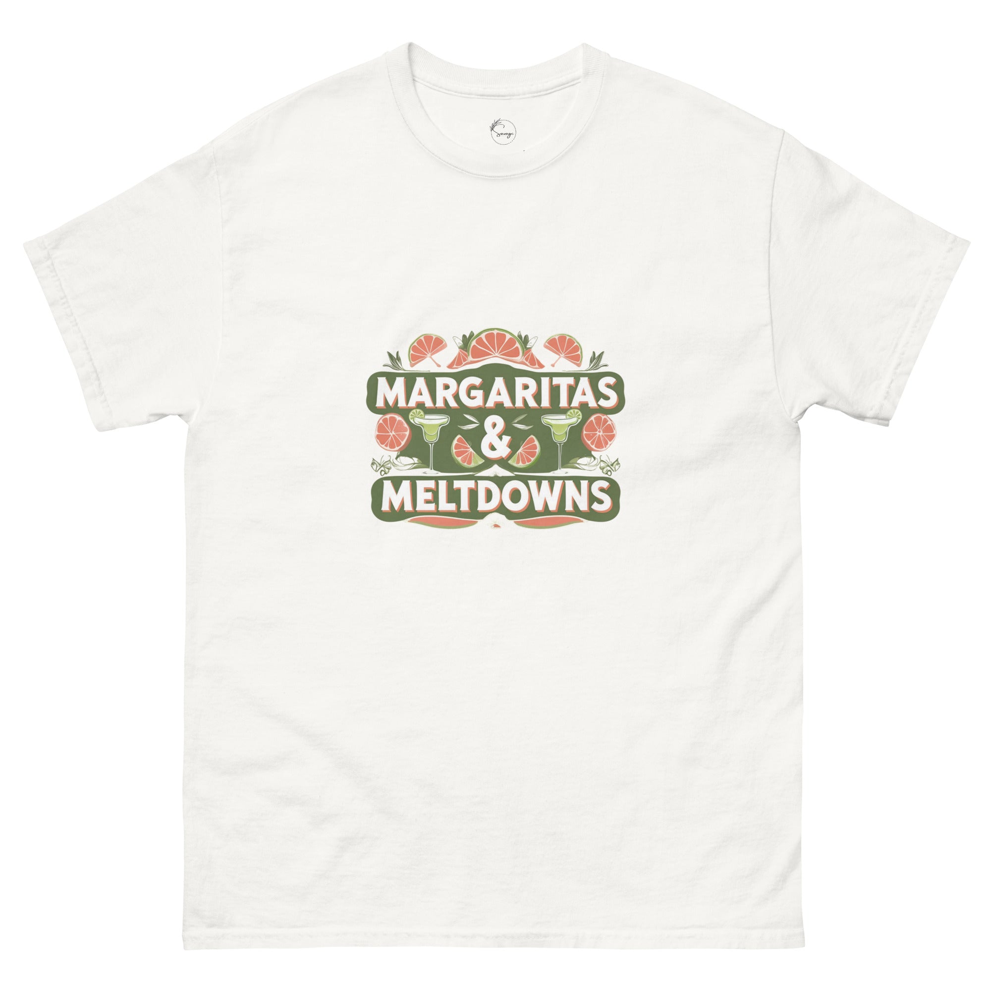 Model wearing Margaritas & Meltdowns slogan T-shirt by Savage Cotton in soft lime green, styled with sunglasses and bold lipstick for summer
