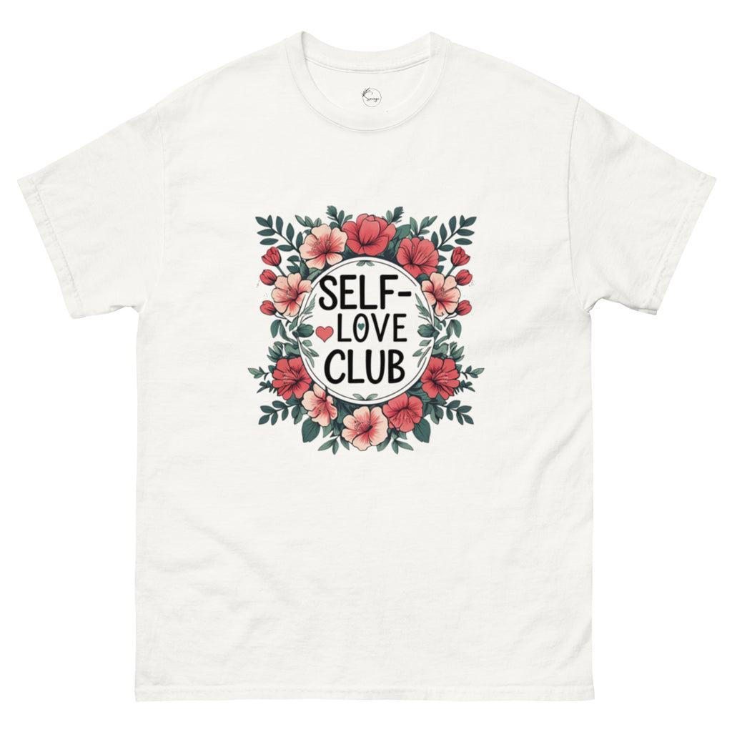 Woman wearing a "Love Yourself First" T-shirt in soft cotton, smiling confidently outdoors.