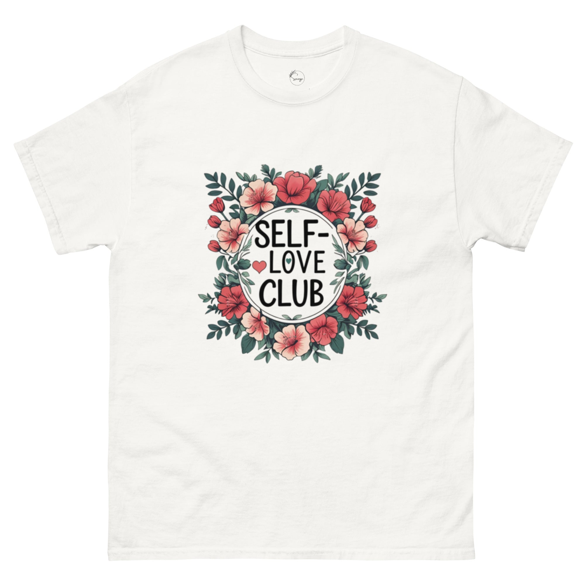 Woman wearing a "Love Yourself First" T-shirt in soft cotton, smiling confidently outdoors.
