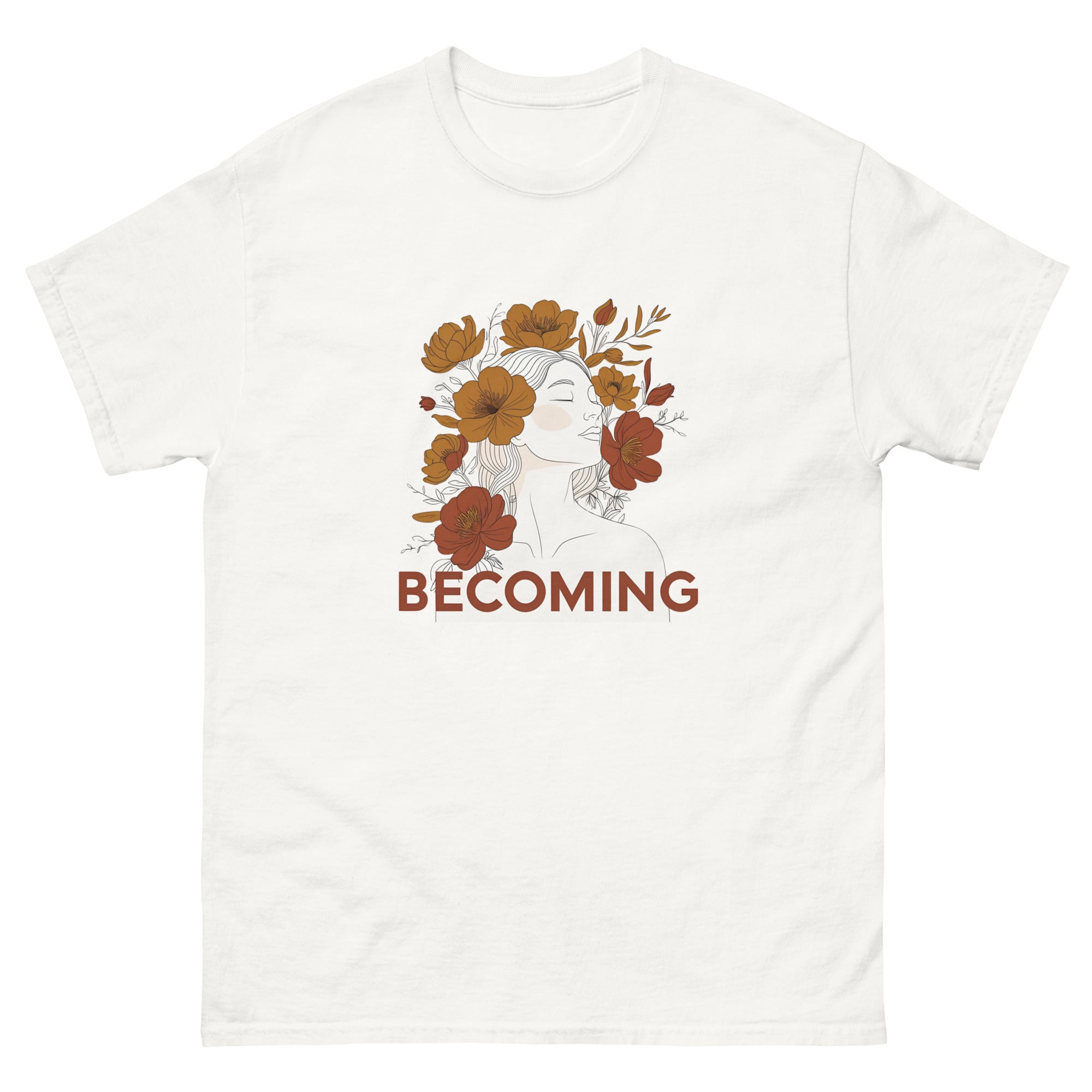 Minimalist graphic t-shirt with a woman’s silhouette transforming into flowers, paired with the word “Becoming” in bold lettering.