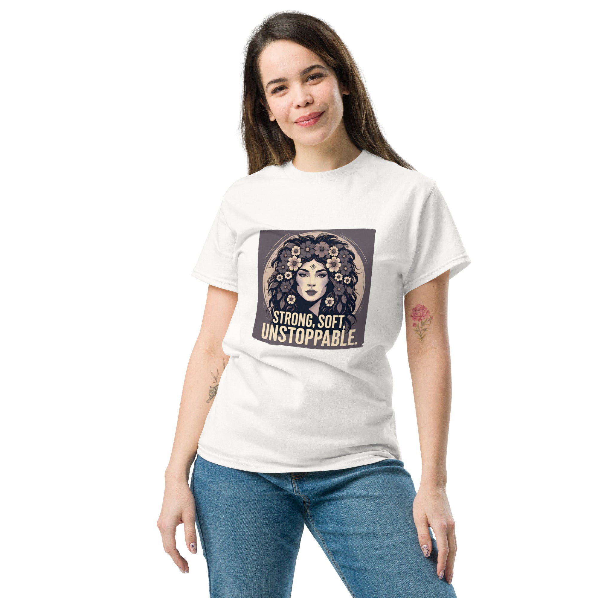 Woman wearing a white t-shirt with a graphic design and text on a white background