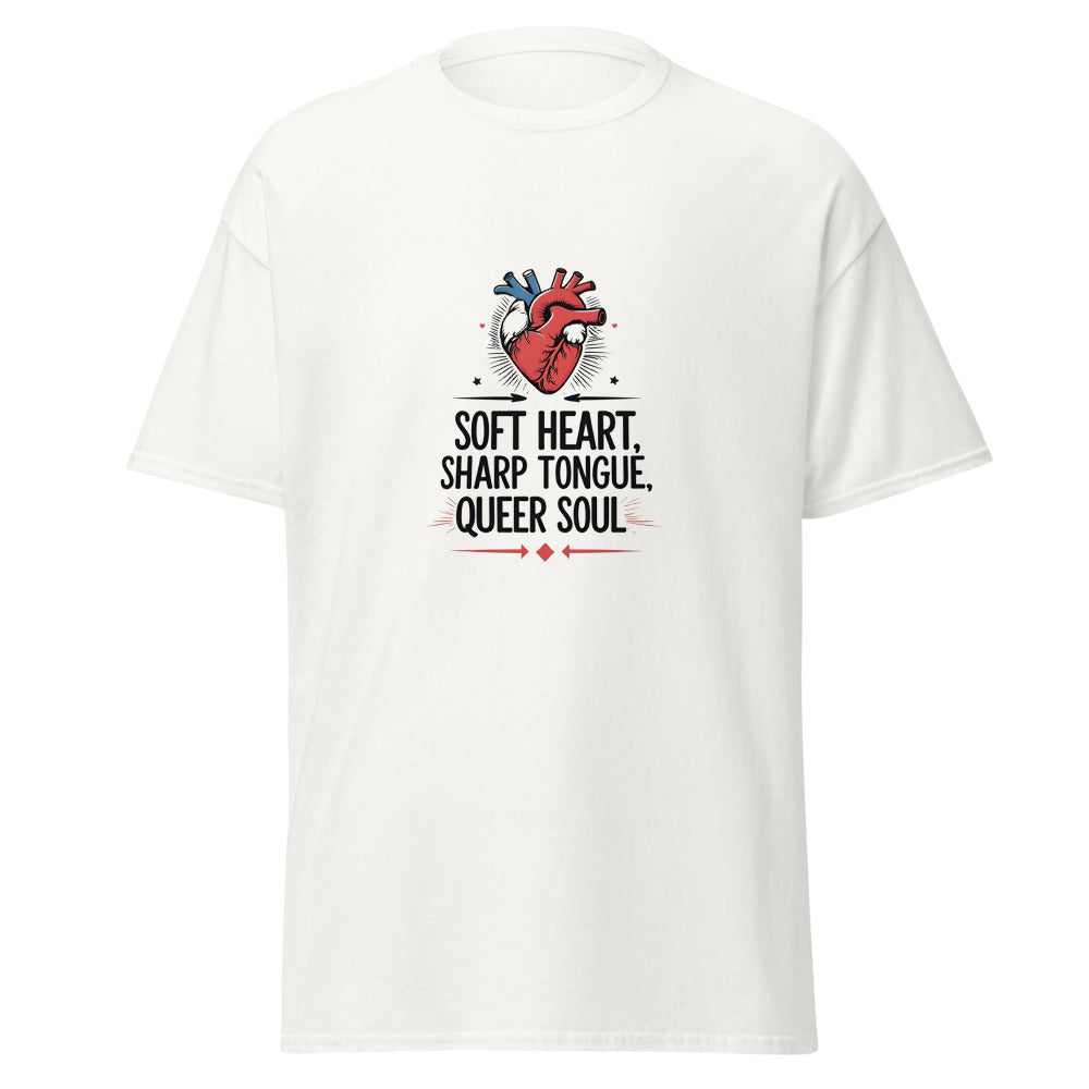White t-shirt with a graphic of a heart and text on a white background