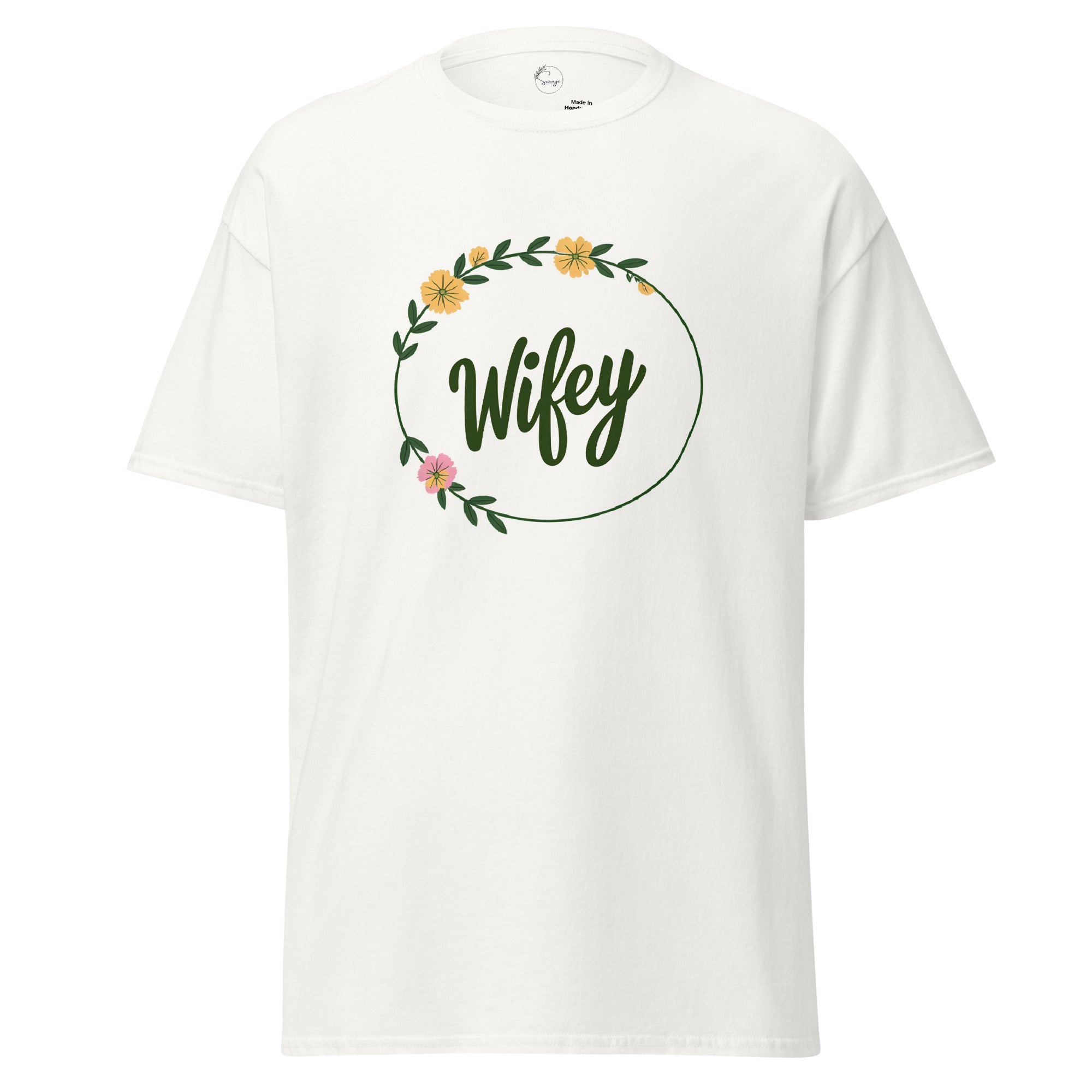 White t-shirt with 'Wifey' text and floral design on a white background