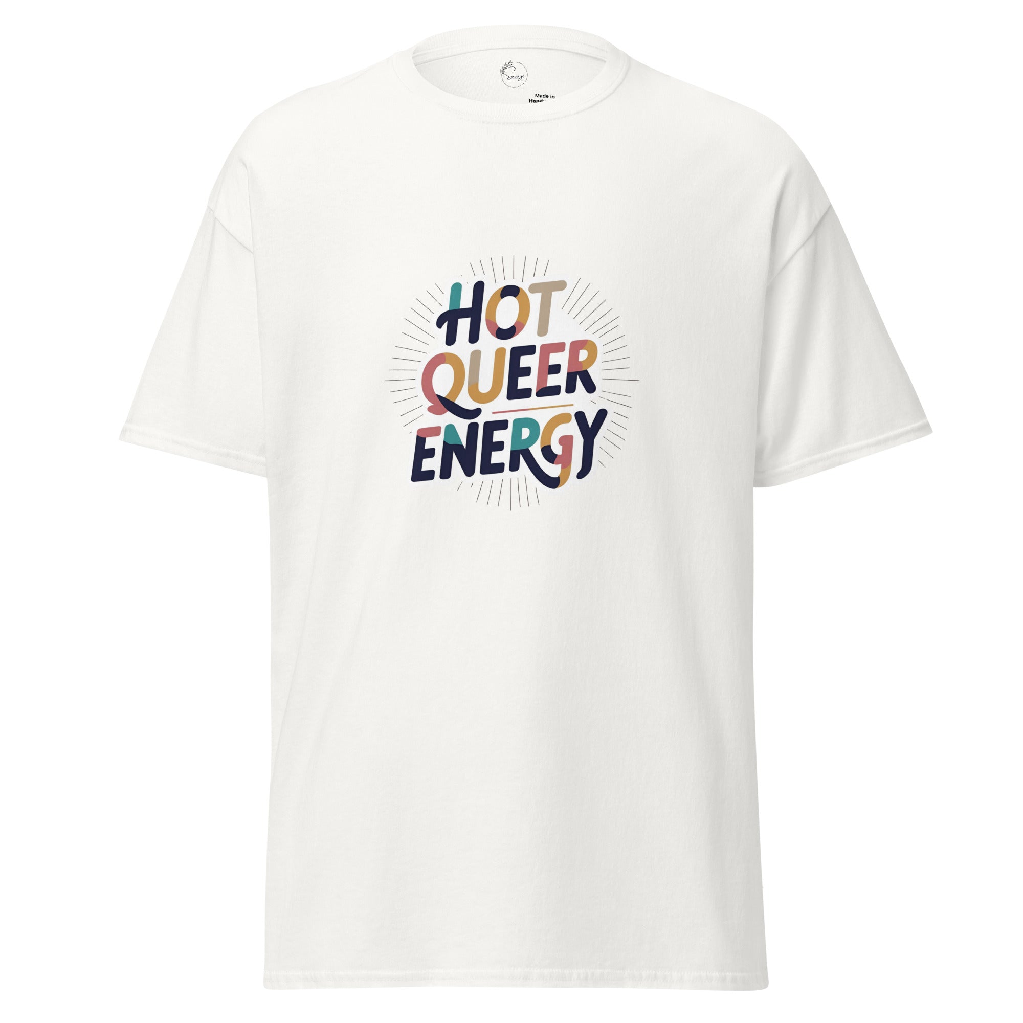 White t-shirt with 'Hot Queer Energy' text on a white background