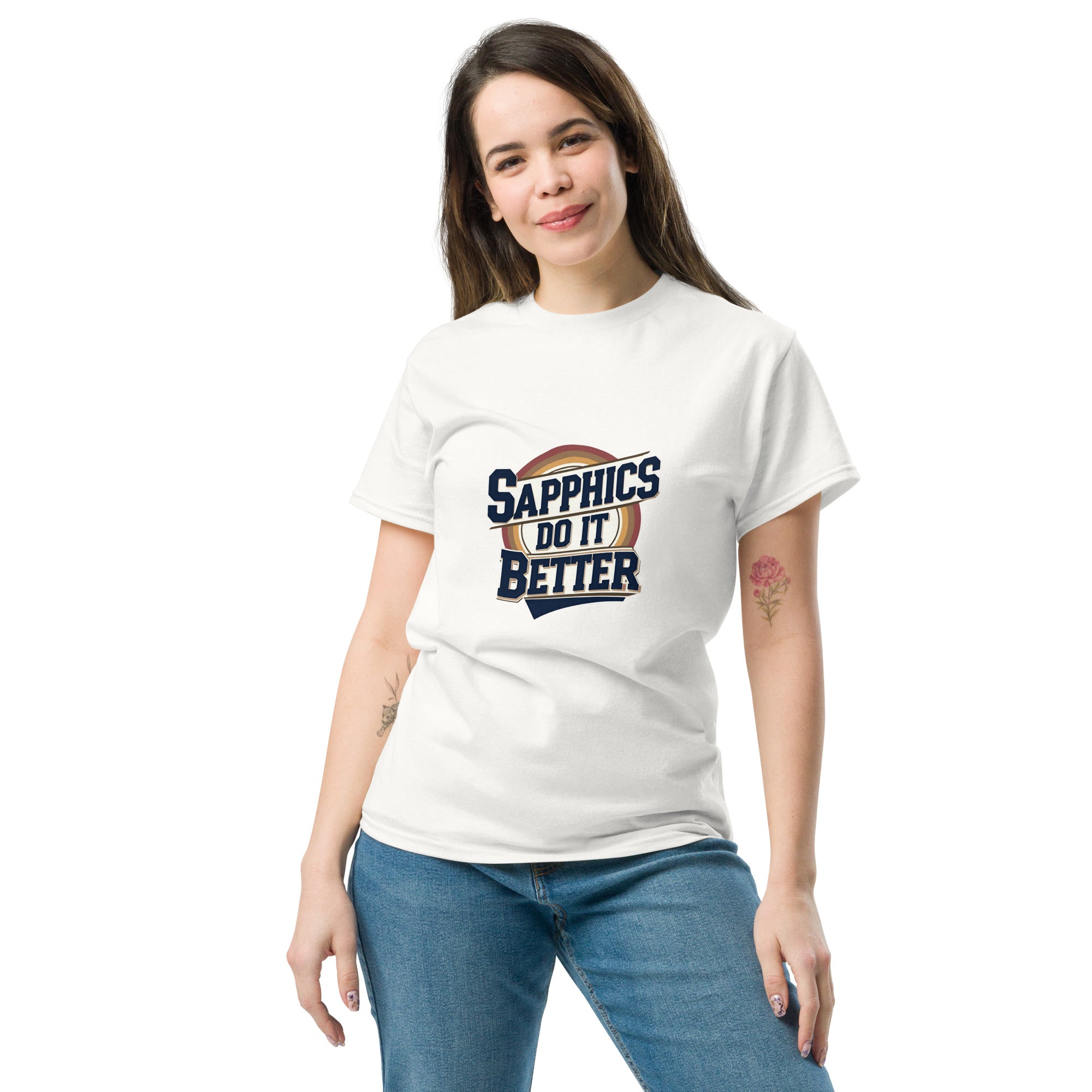 Woman wearing a white t-shirt with 'Sapphics Do It Better' text on a white background