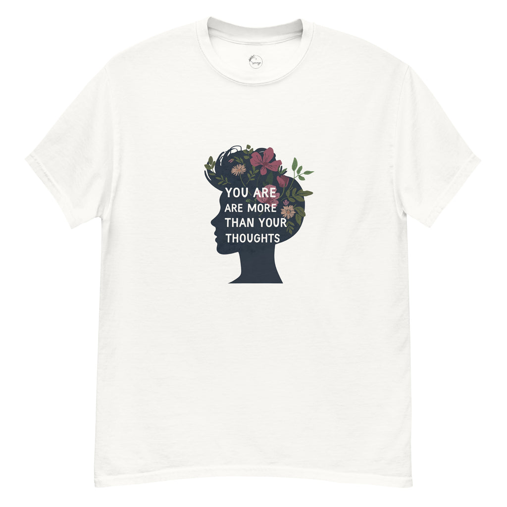 White t-shirt with a graphic of a silhouette with flowers and text on a white background