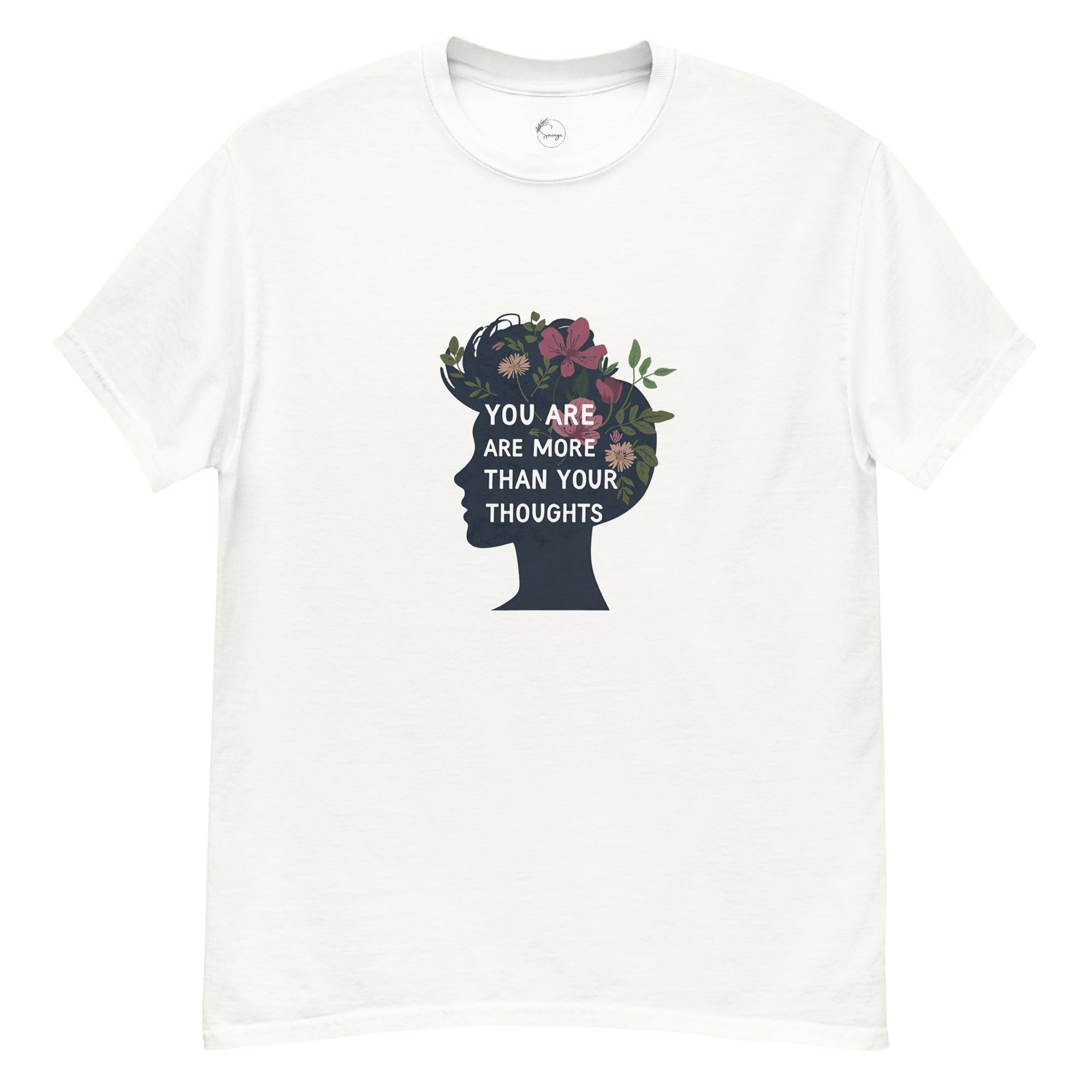 White t-shirt with a graphic of a silhouette with flowers and text on a white background