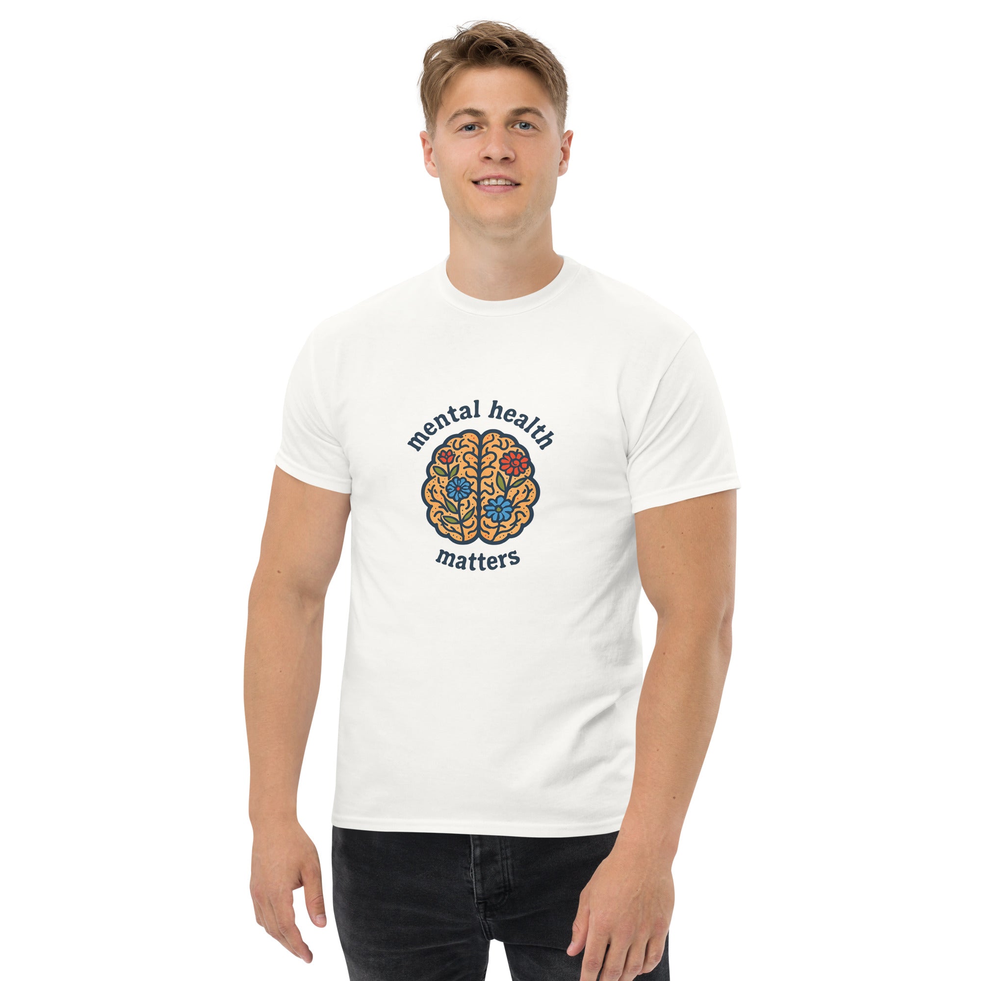 Person wearing a white t-shirt with 'mental health matters' design on a white background