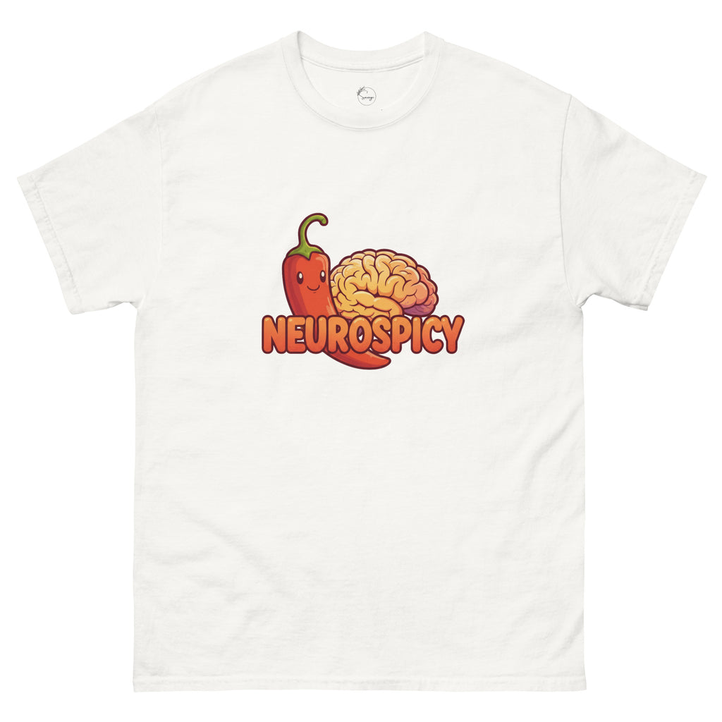 Neurospicy slogan t-shirt worn by a confident model, celebrating neurodivergence and mental health with bold, playful typography