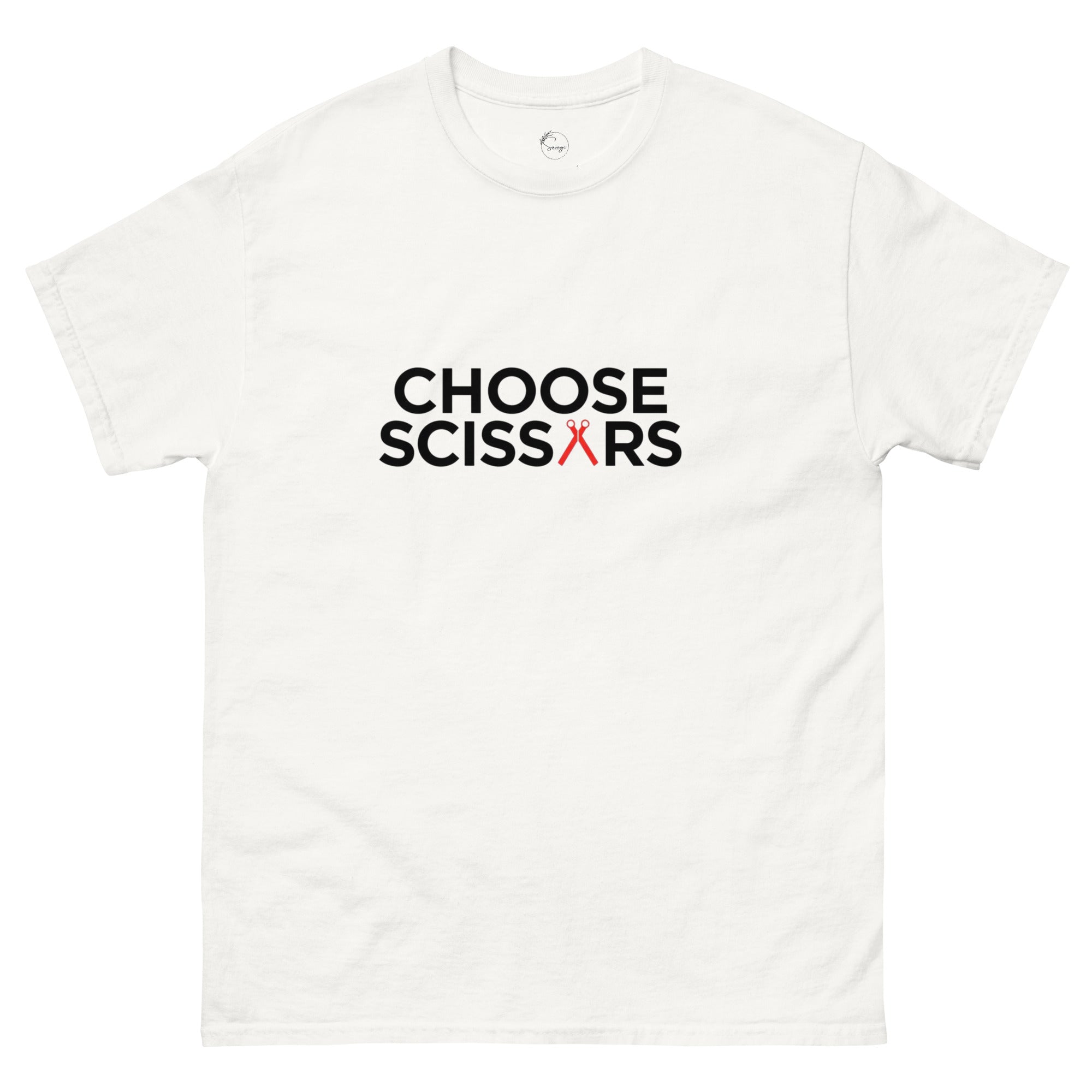Choose Scissors slogan printed on a unisex t-shirt with minimalist typography