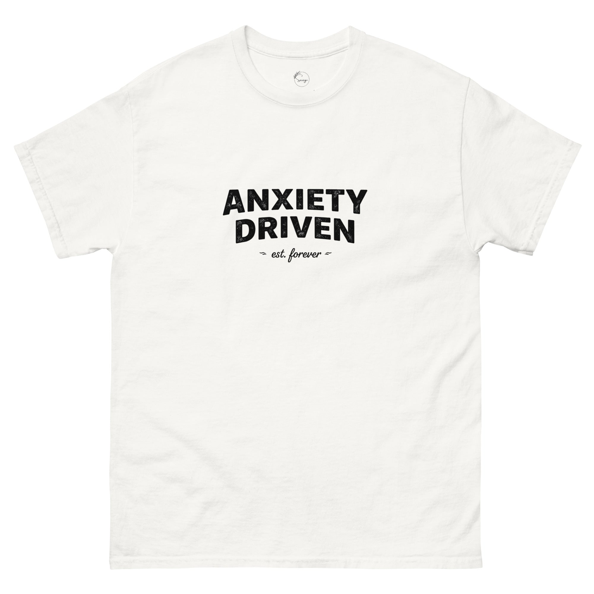 Anxiety Driven slogan printed on a unisex t-shirt with bold minimalist typography