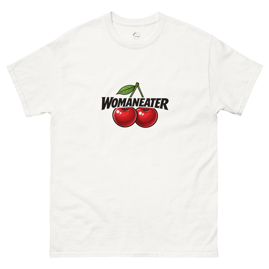Womaneater slogan printed on a unisex t-shirt with bold black typography and playful sapphic design elements