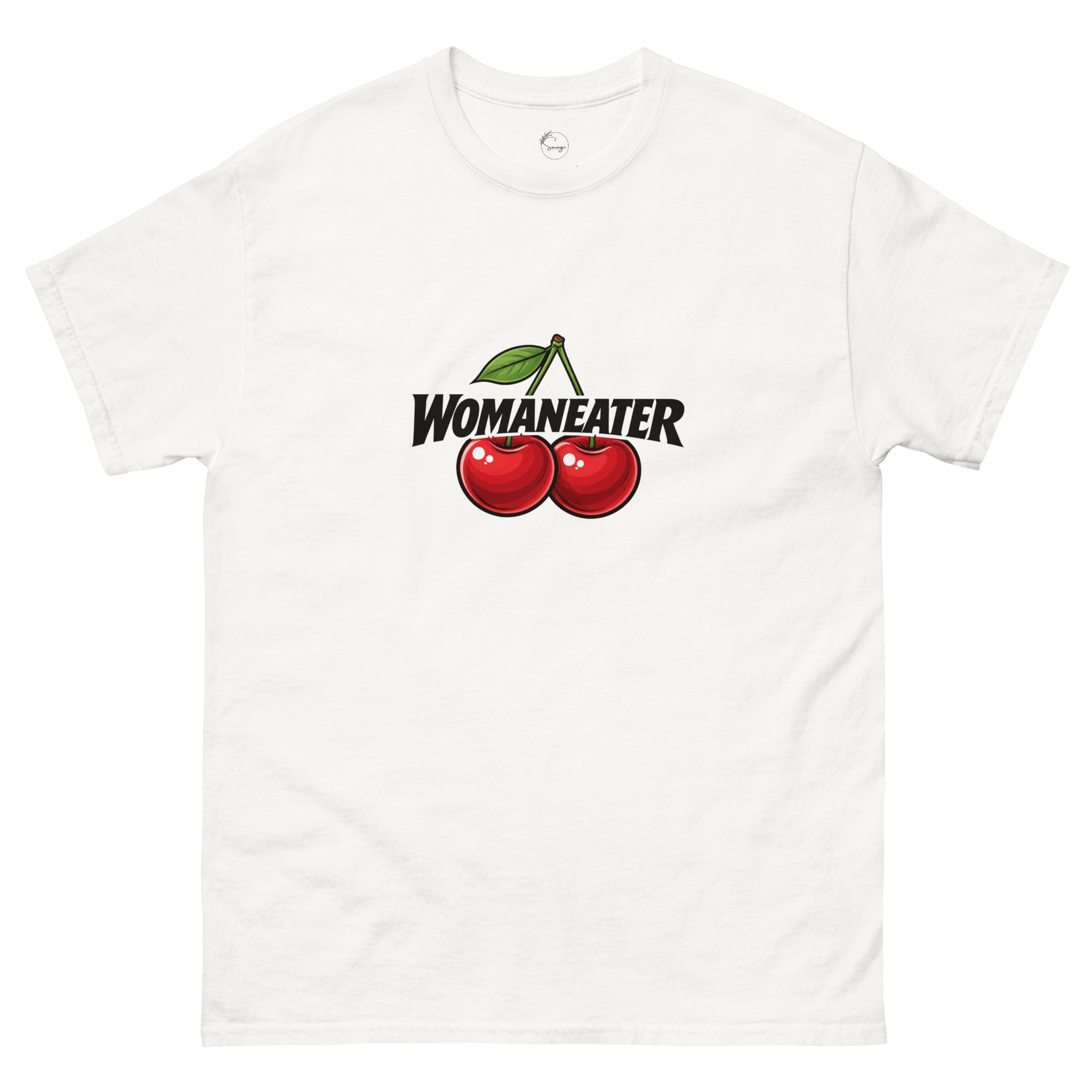 Womaneater slogan printed on a unisex t-shirt with bold black typography and playful sapphic design elements