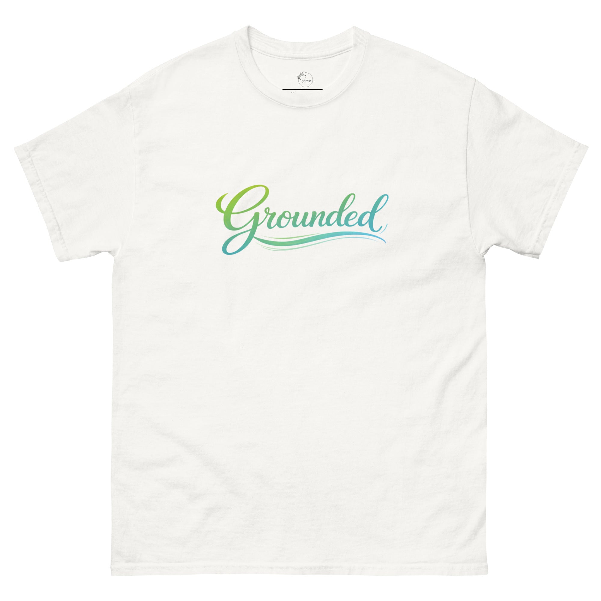 Grounded slogan printed on a minimalist unisex t-shirt with calm, understated typography