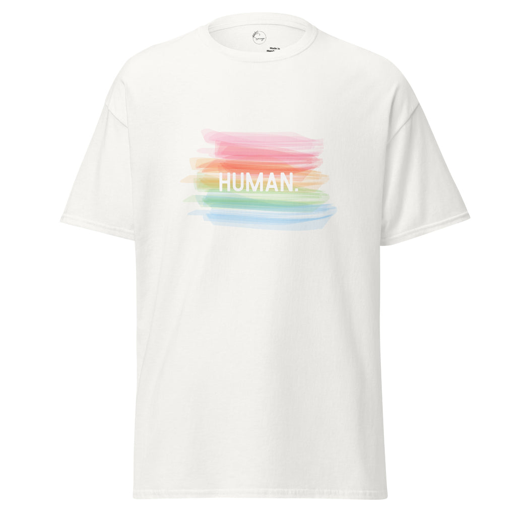 White t-shirt with rainbow-colored design and 'HUMAN' text on a white background