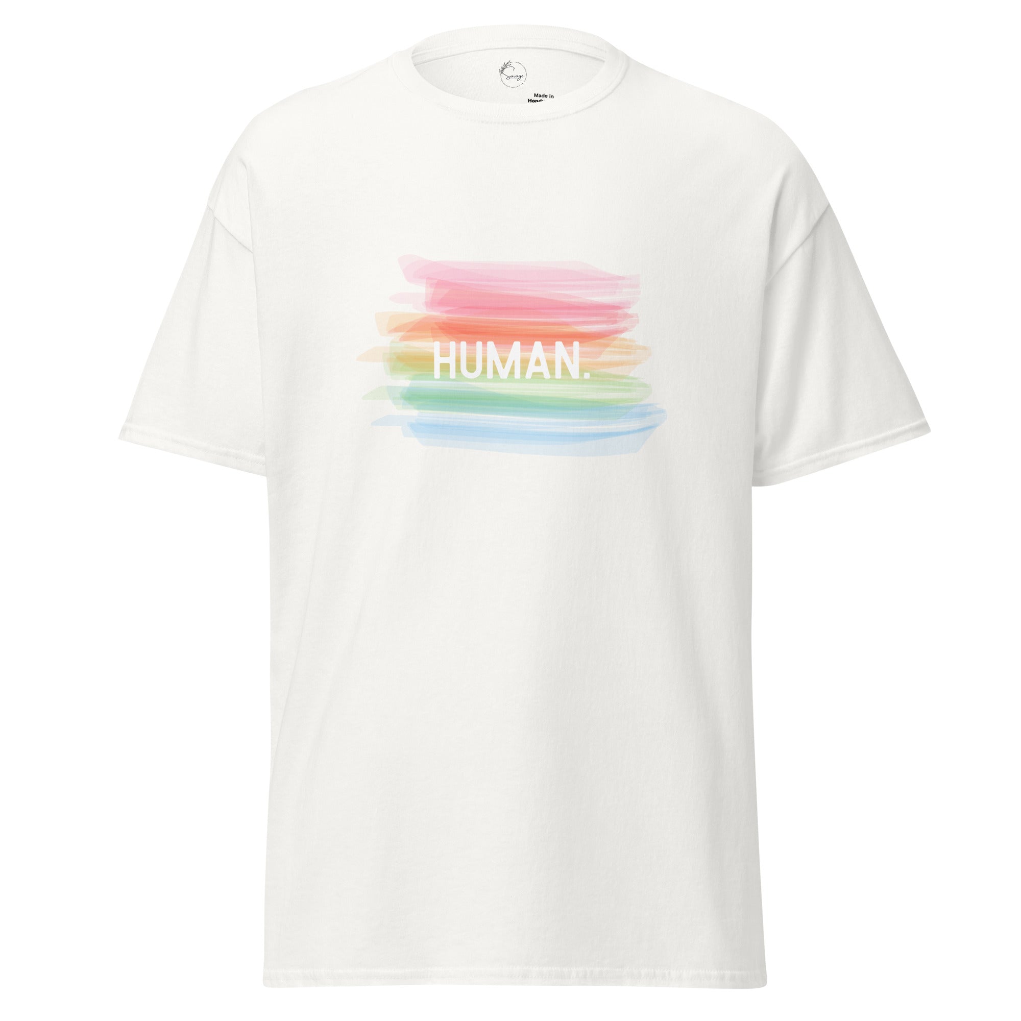 White t-shirt with rainbow-colored design and 'HUMAN' text on a white background
