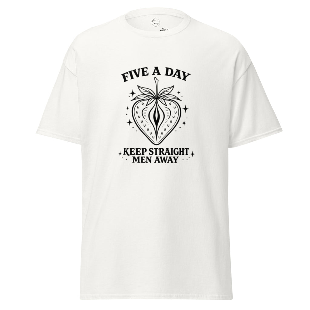White t-shirt with black graphic and text on a white background