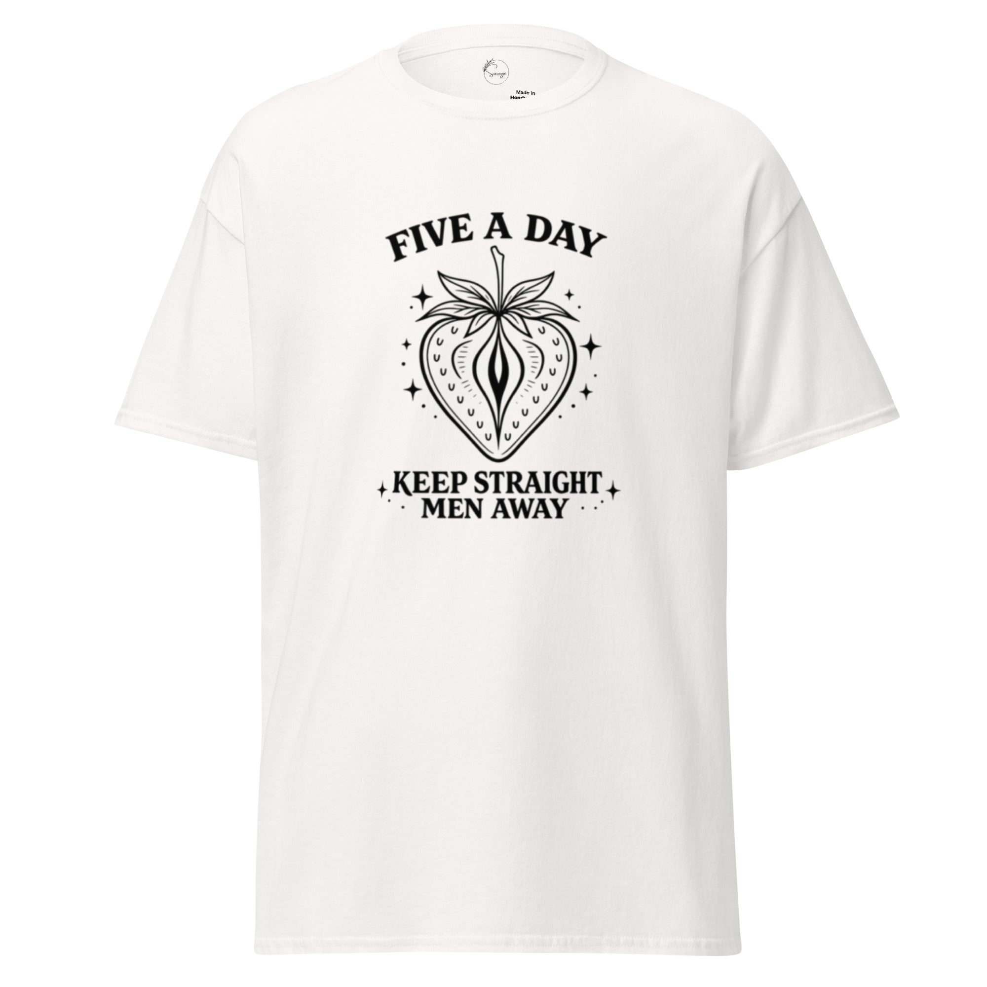 White t-shirt with black graphic and text on a white background