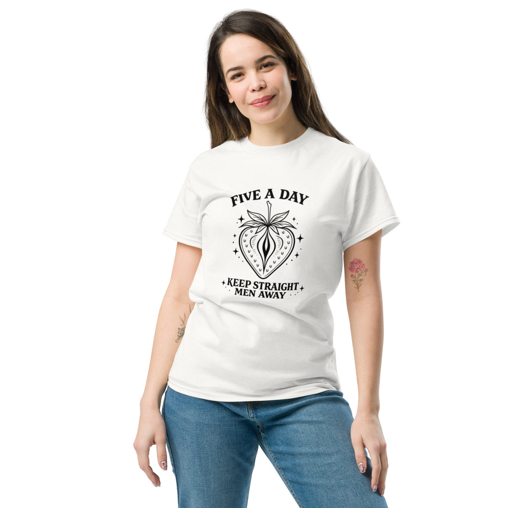 Woman wearing a white t-shirt with a logo and text on a white background