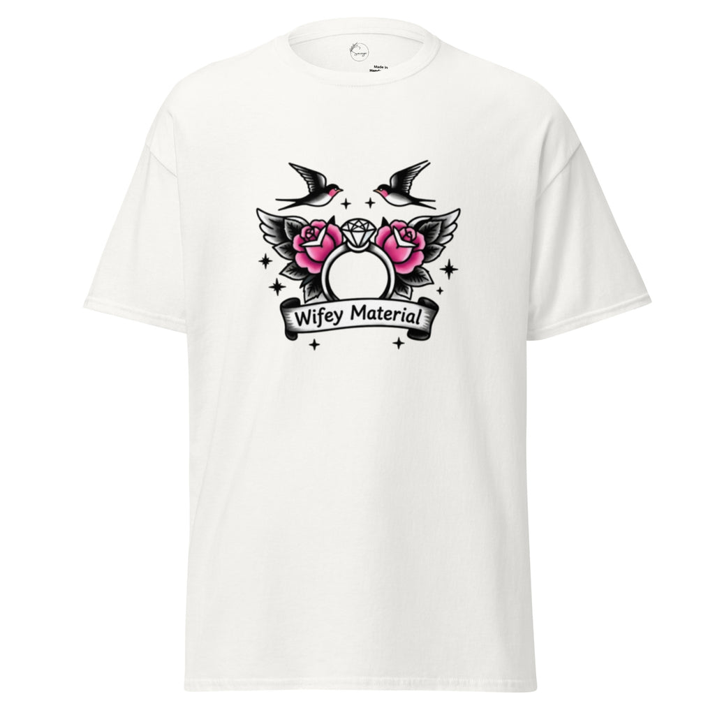White t-shirt with a graphic design featuring roses, birds, and text on a white background