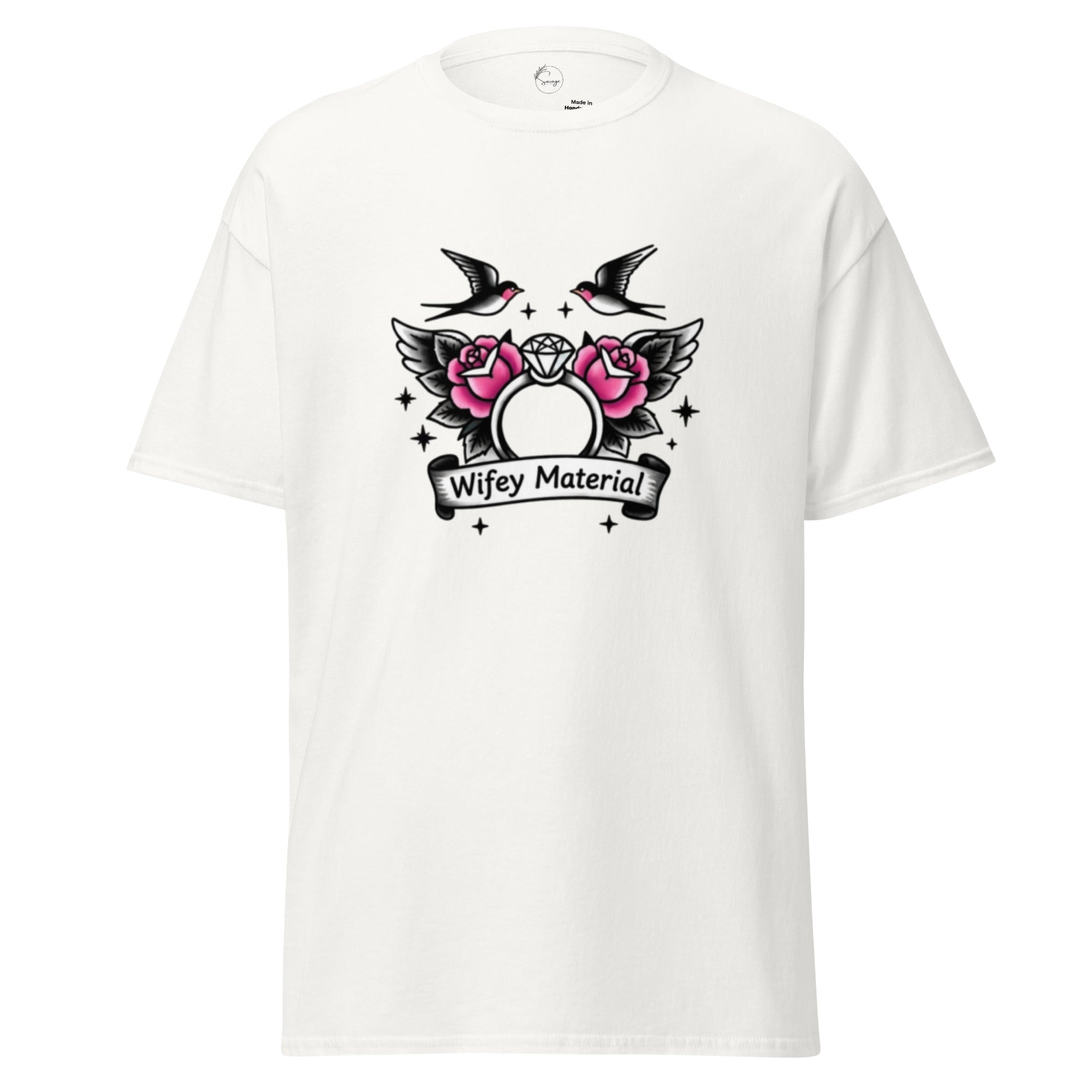 White t-shirt with a graphic design featuring roses, birds, and text on a white background