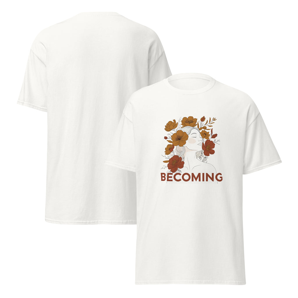 Minimalist graphic t-shirt with a woman’s silhouette transforming into flowers, paired with the word “Becoming” in bold lettering.