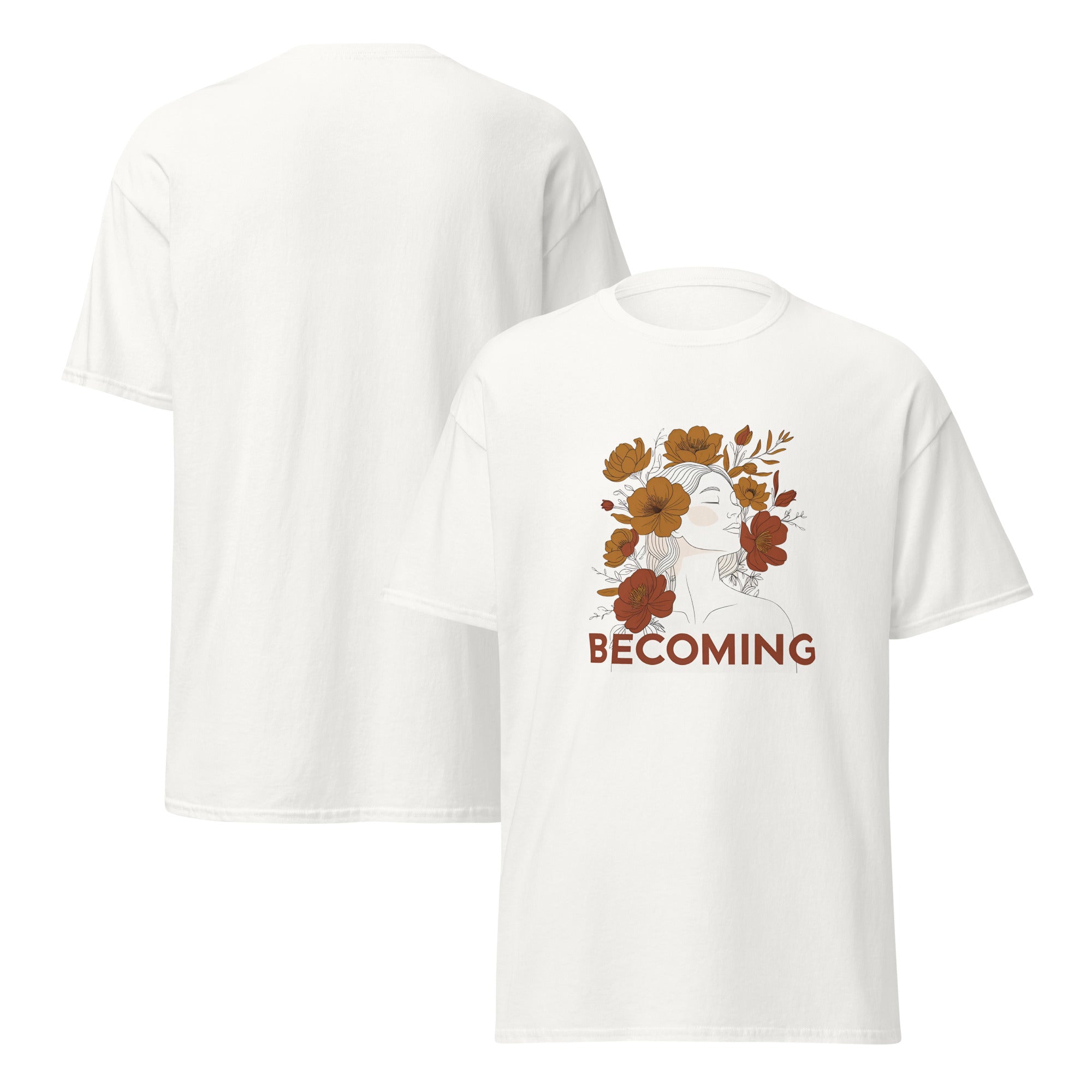 Minimalist graphic t-shirt with a woman’s silhouette transforming into flowers, paired with the word “Becoming” in bold lettering.