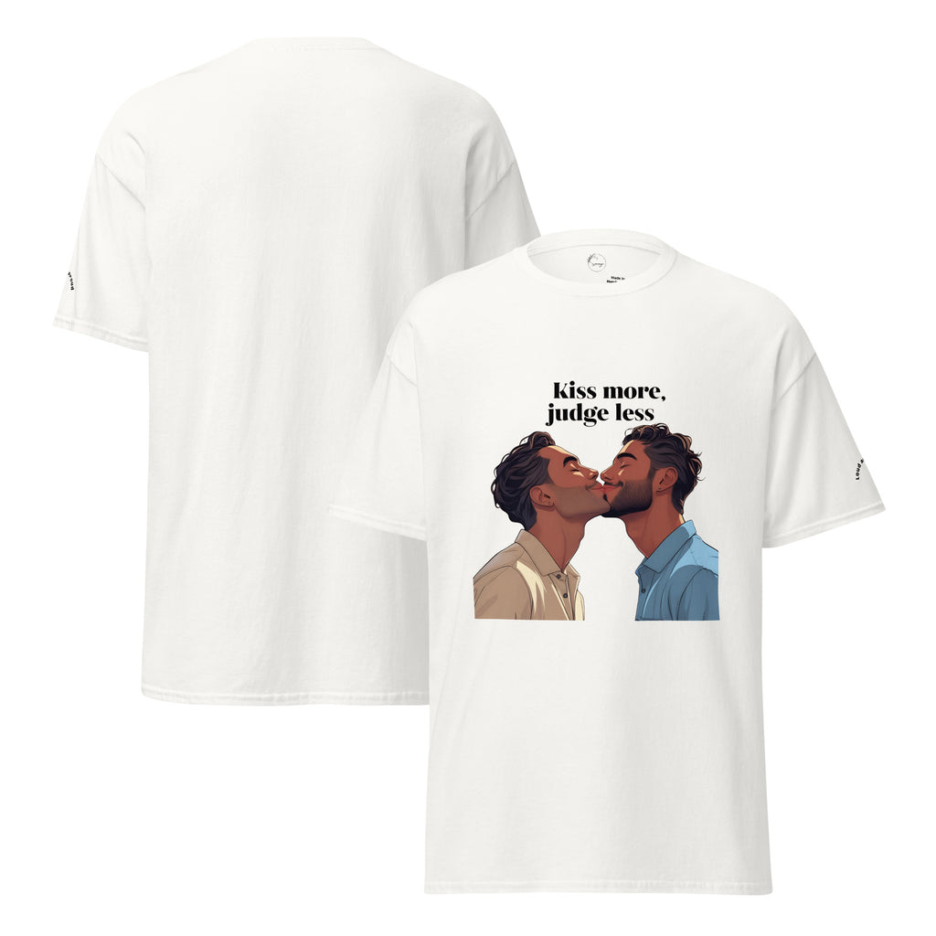 White t-shirt with graphic of two men kissing and text 'Kiss more, judge less' on a white background