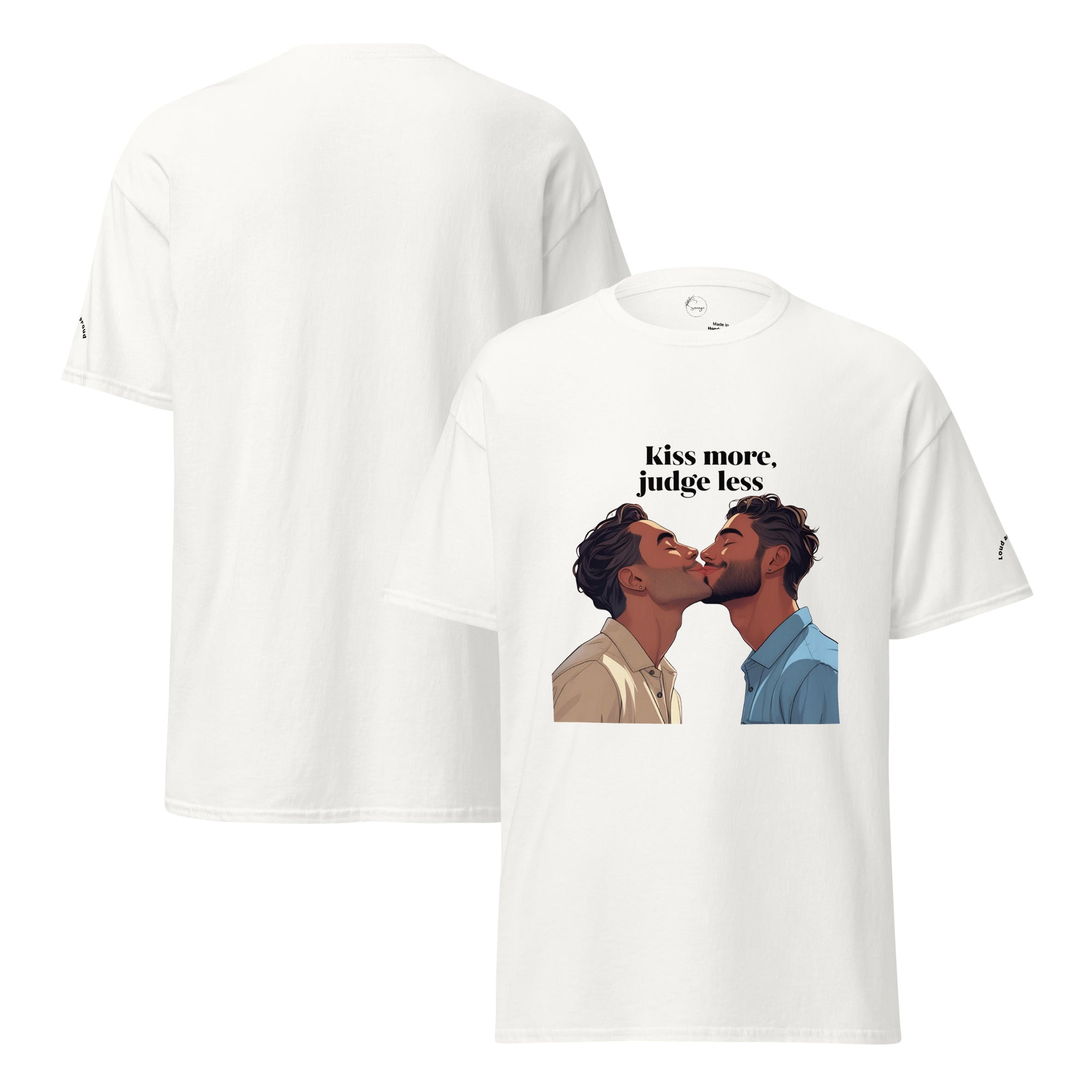 White t-shirt with graphic of two men kissing and text 'Kiss more, judge less' on a white background