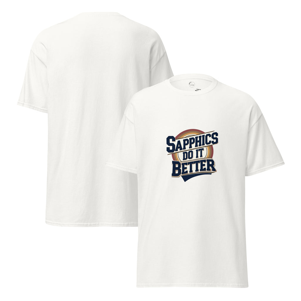 White t-shirt with 'Sapphics Do It Better' text and logo on a white background