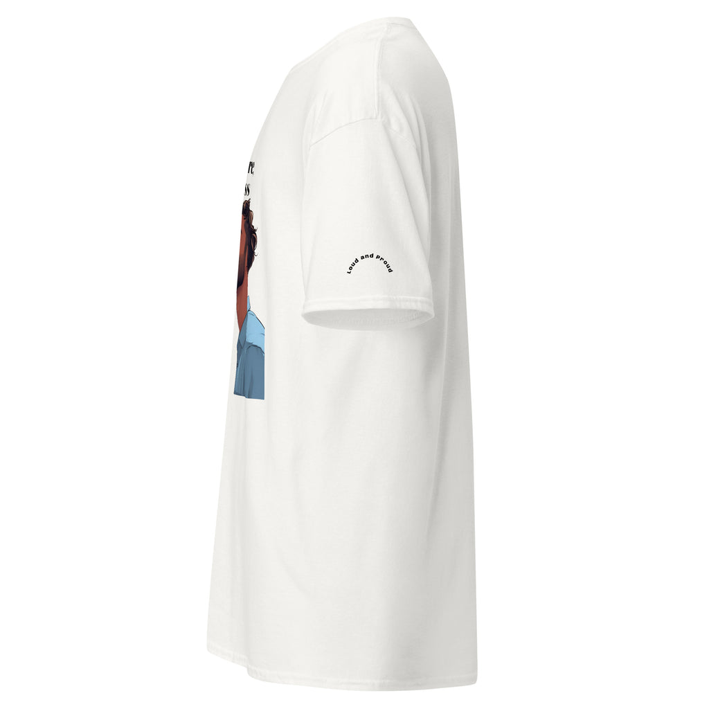 White t-shirt with graphic design on a white background