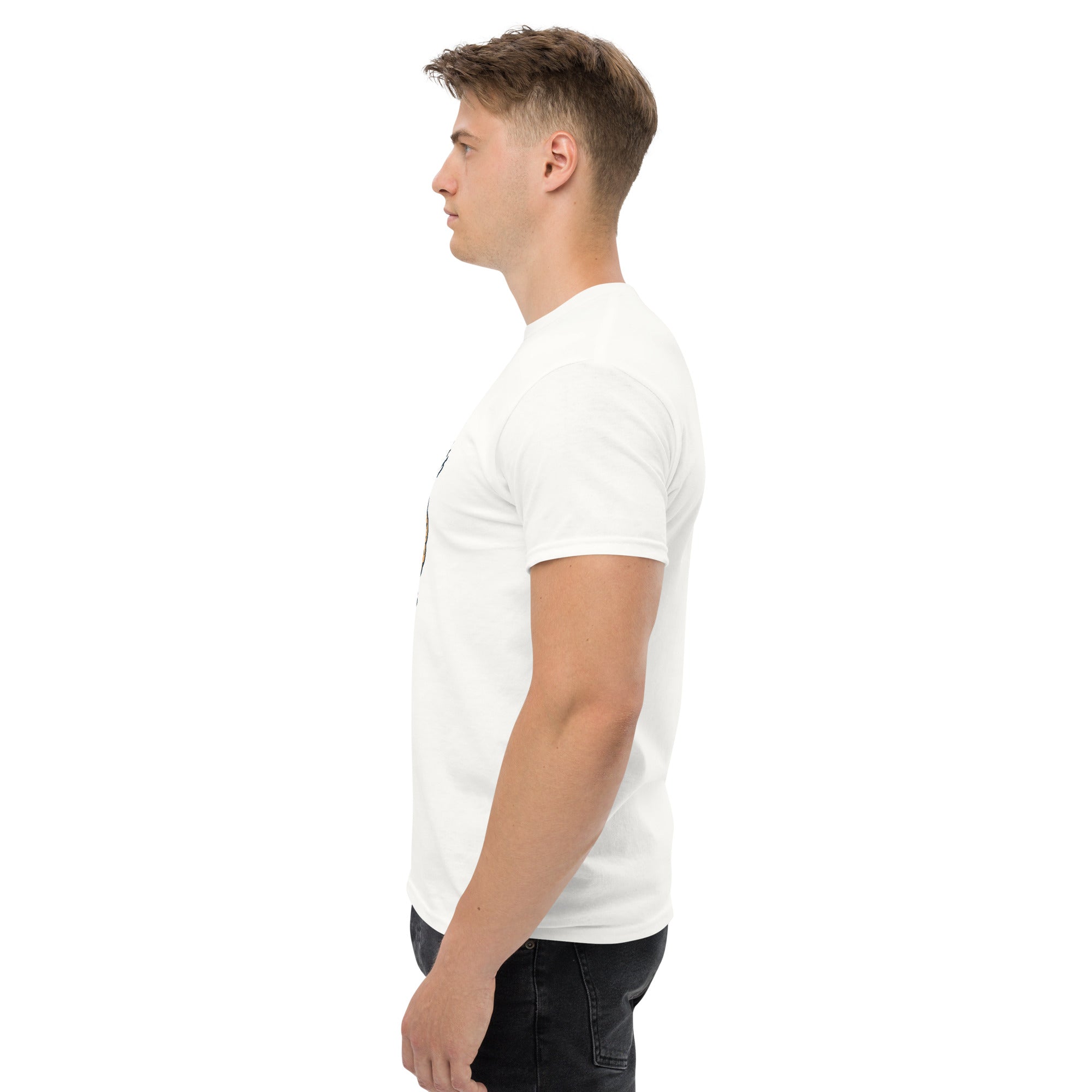 Man wearing a plain white t-shirt on a white background