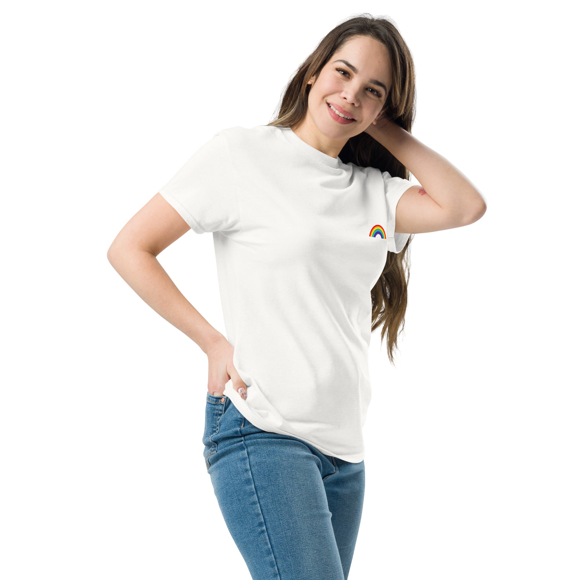Woman wearing a white t-shirt with a rainbow design on a white background