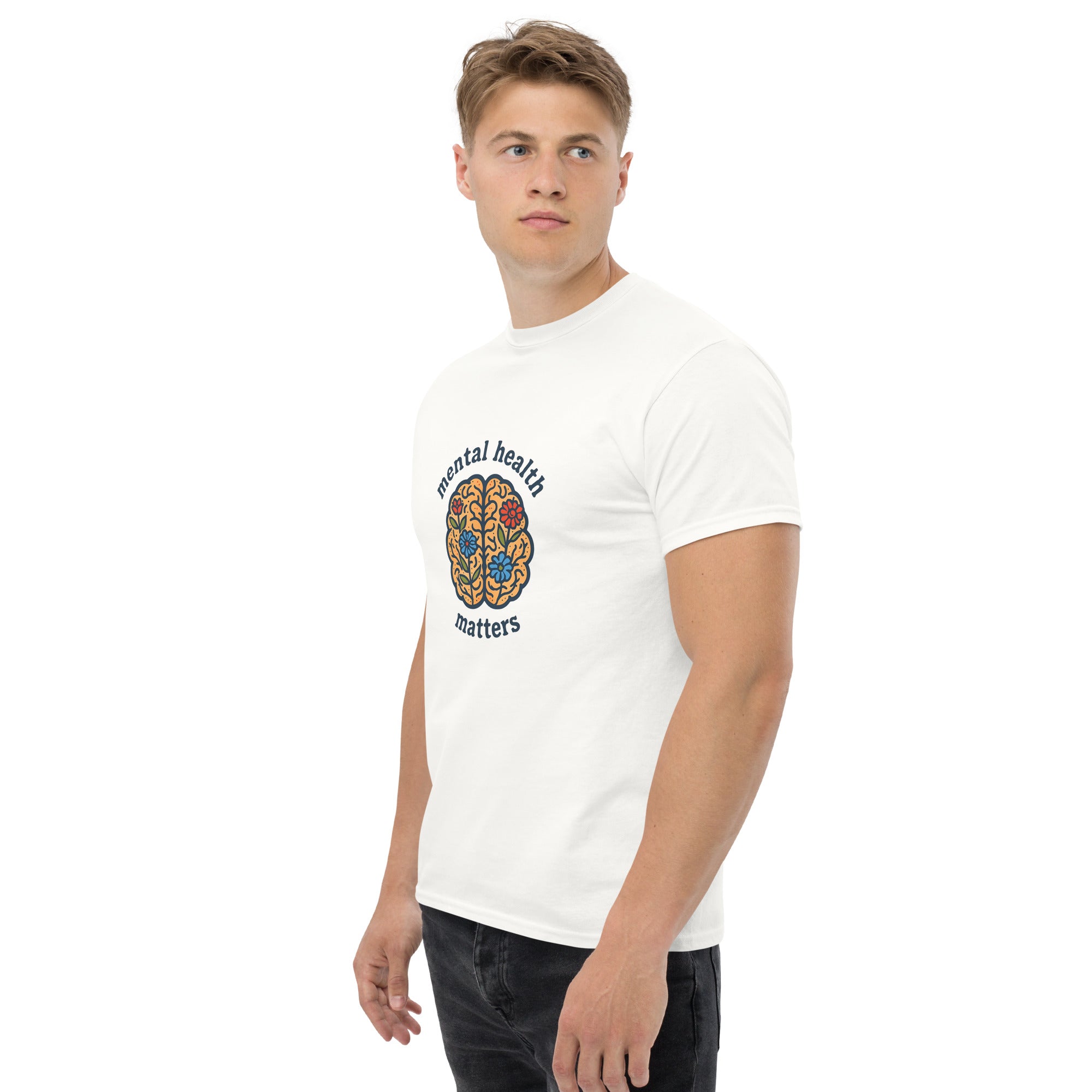 Man wearing a white t-shirt with a colorful graphic and text on a white background