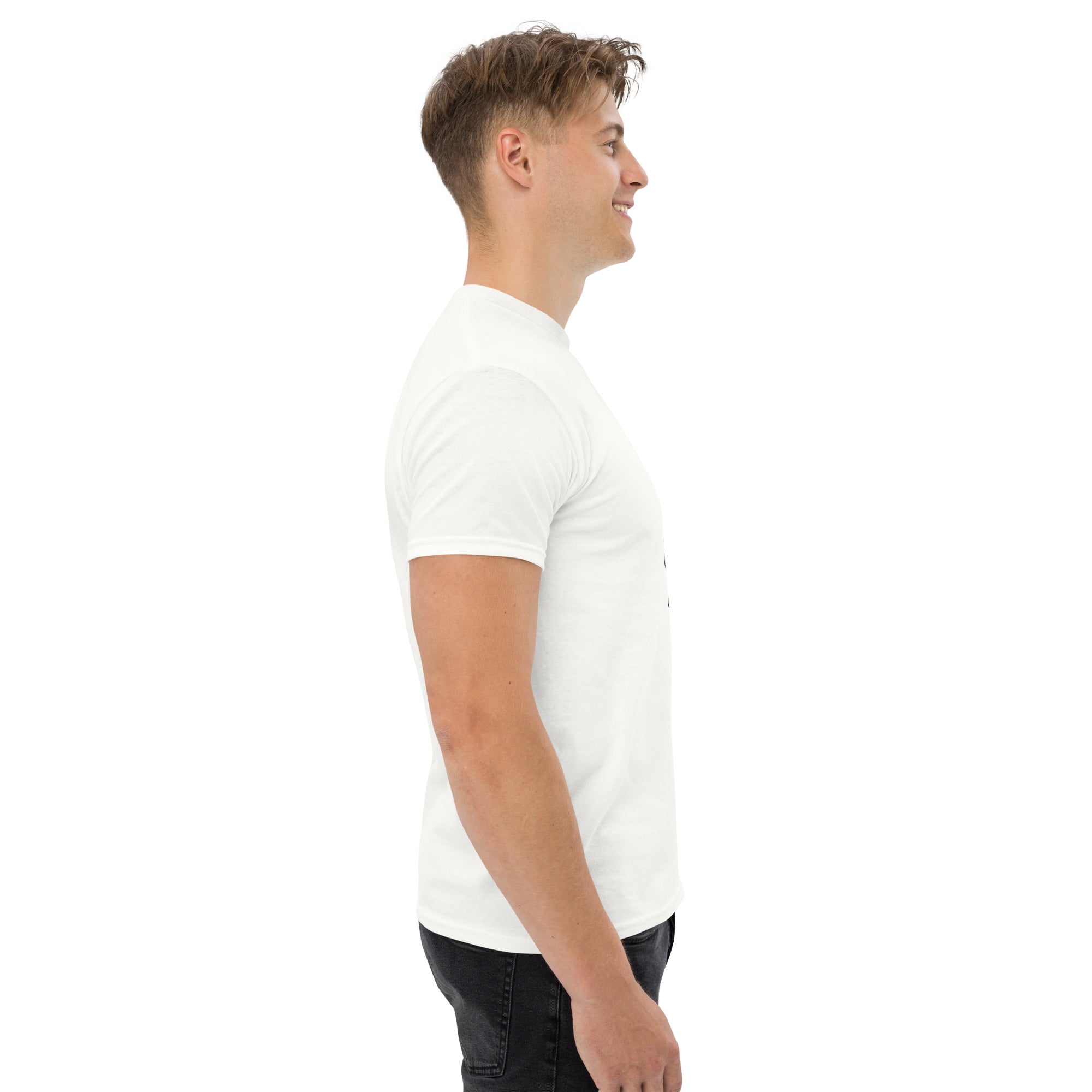 Man wearing a plain white t-shirt on a white background