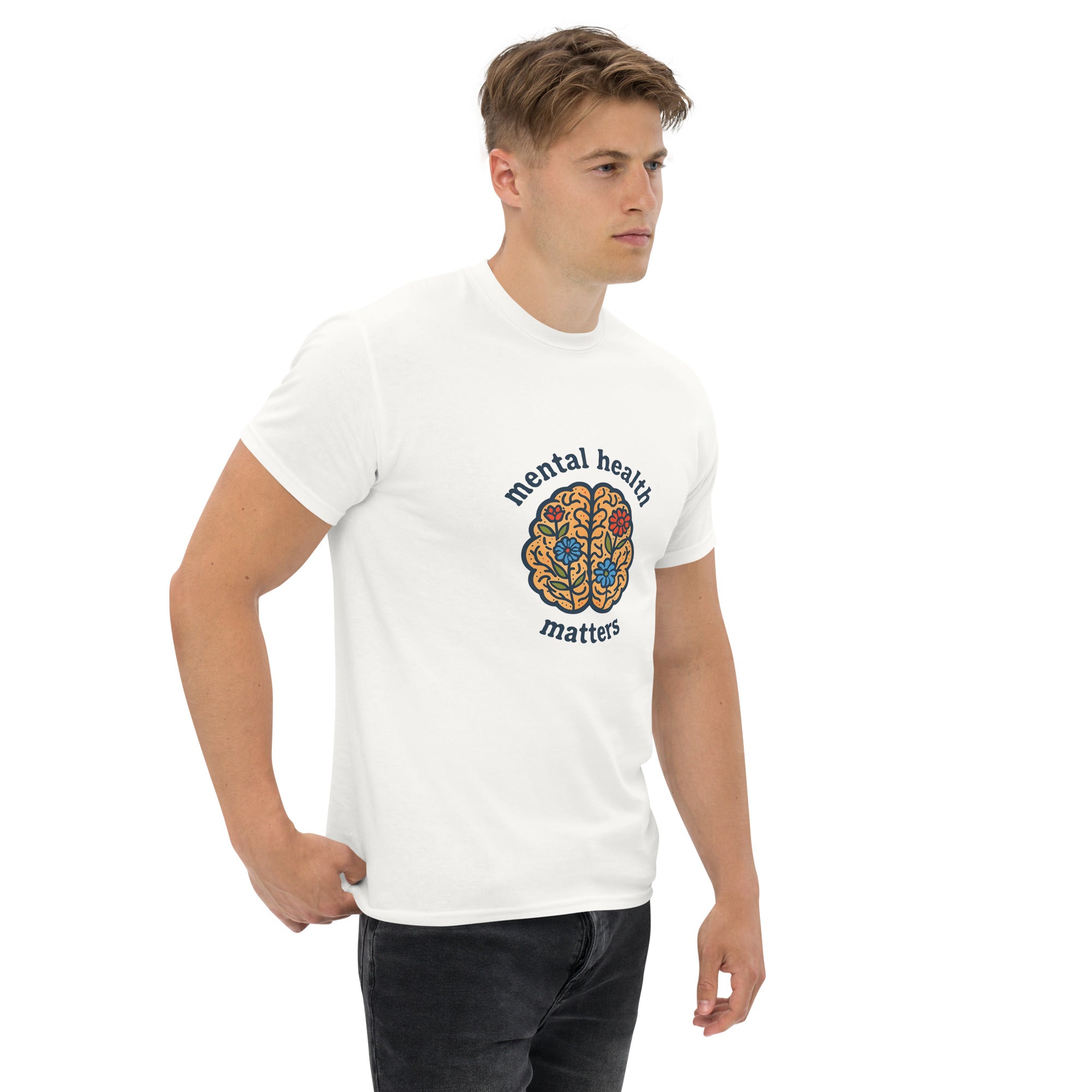 Man wearing a white t-shirt with a colorful brain graphic and 'mental health matters' text on a white background