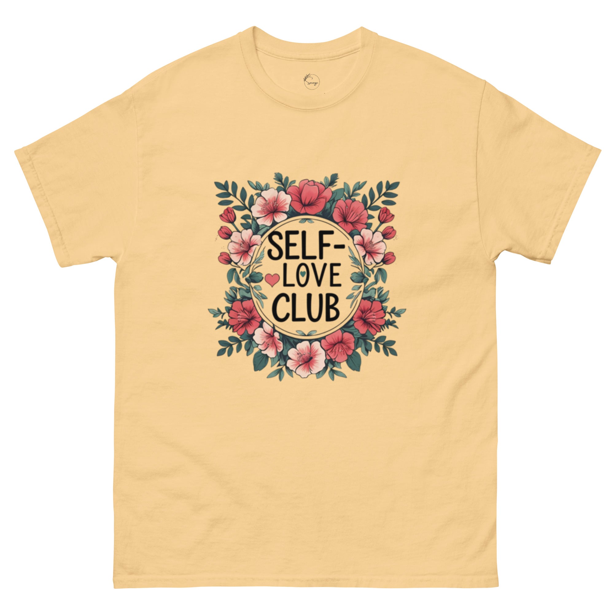 Woman wearing a "Love Yourself First" T-shirt in soft cotton, smiling confidently outdoors.