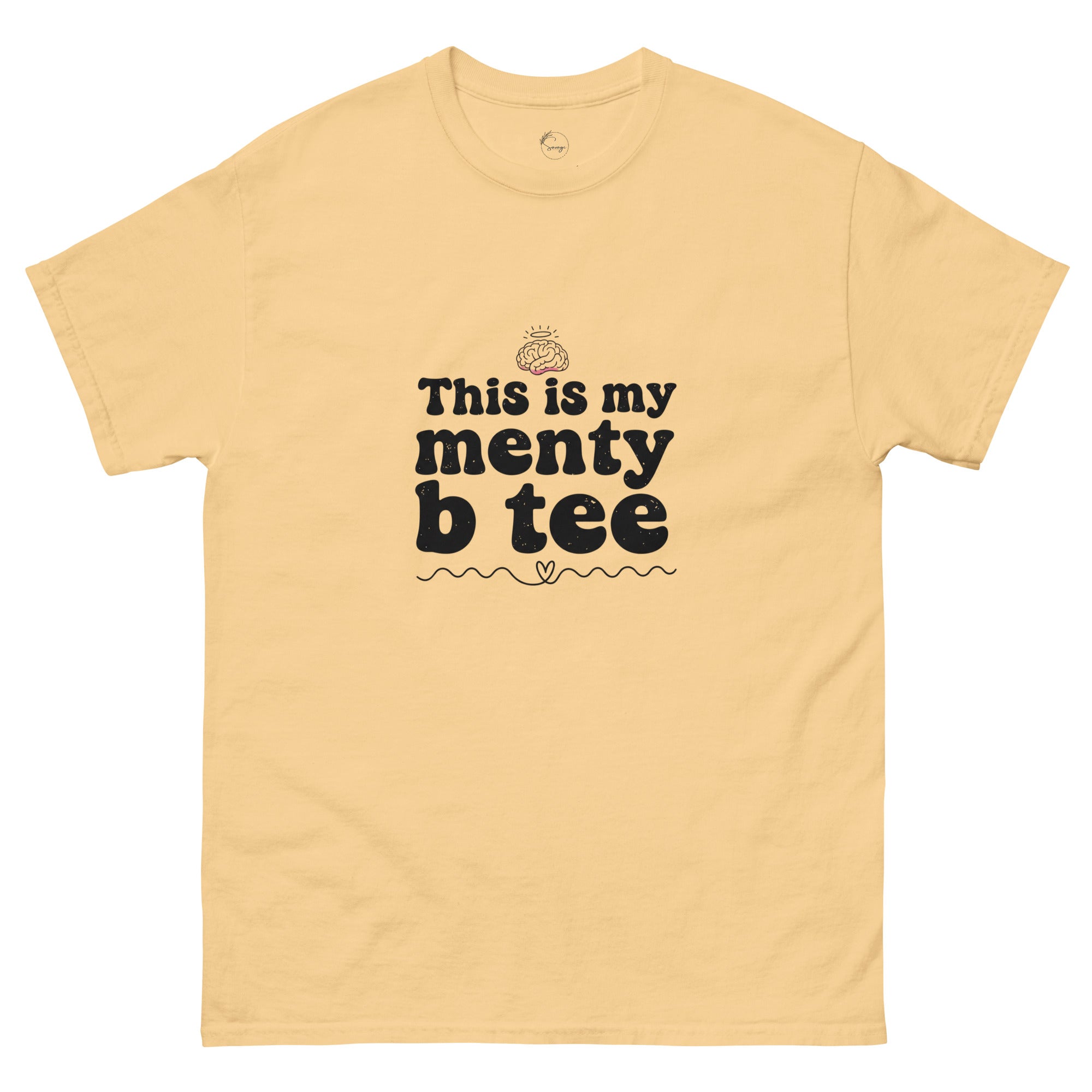 Beige t-shirt with black text on a white background