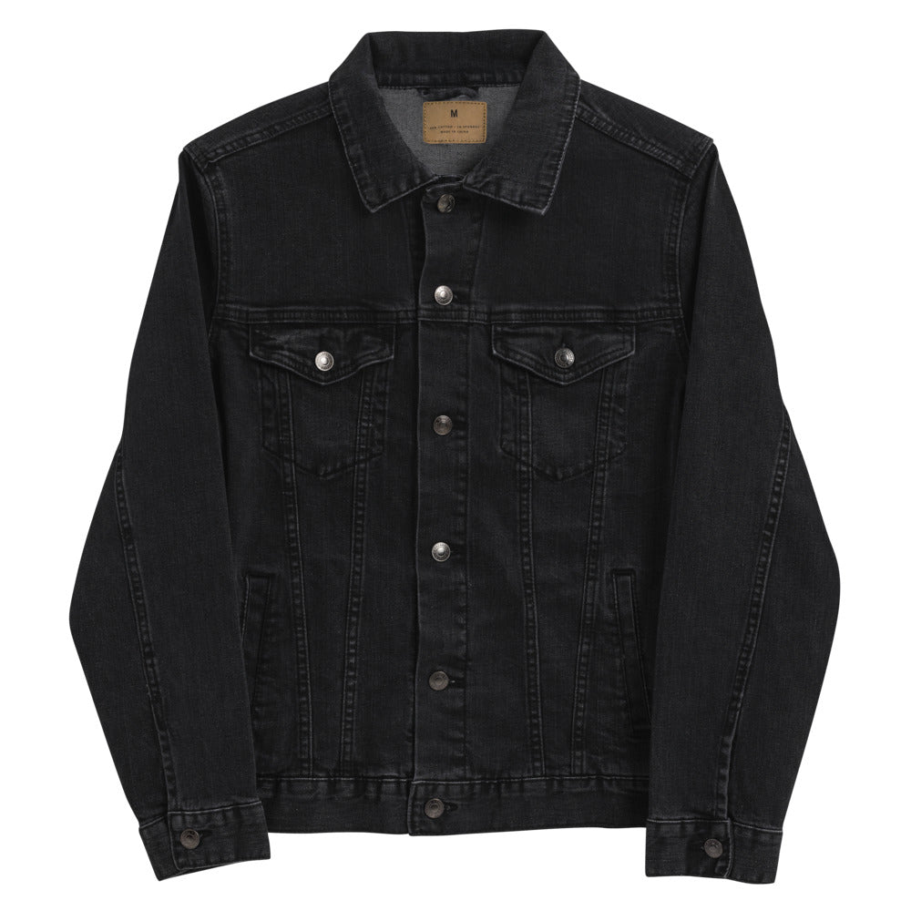 Black denim jacket on a white background