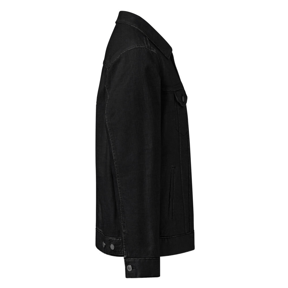 Black denim jacket on a white background