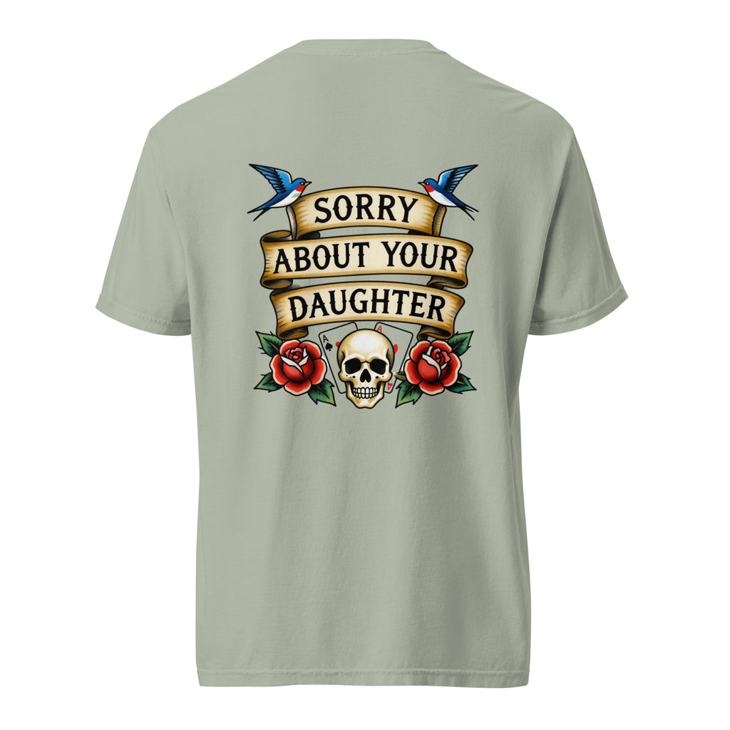 Light green t-shirt with graphic design and text on a white background