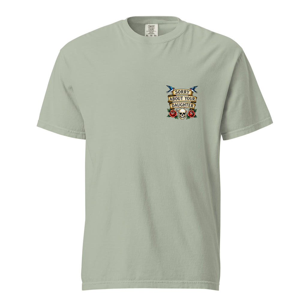 Light green t-shirt with a graphic design on a white background