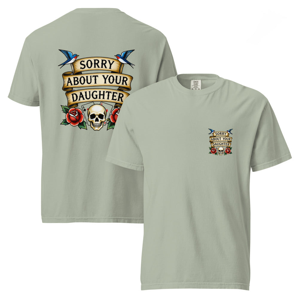 Light gray t-shirt with graphic design on front and back