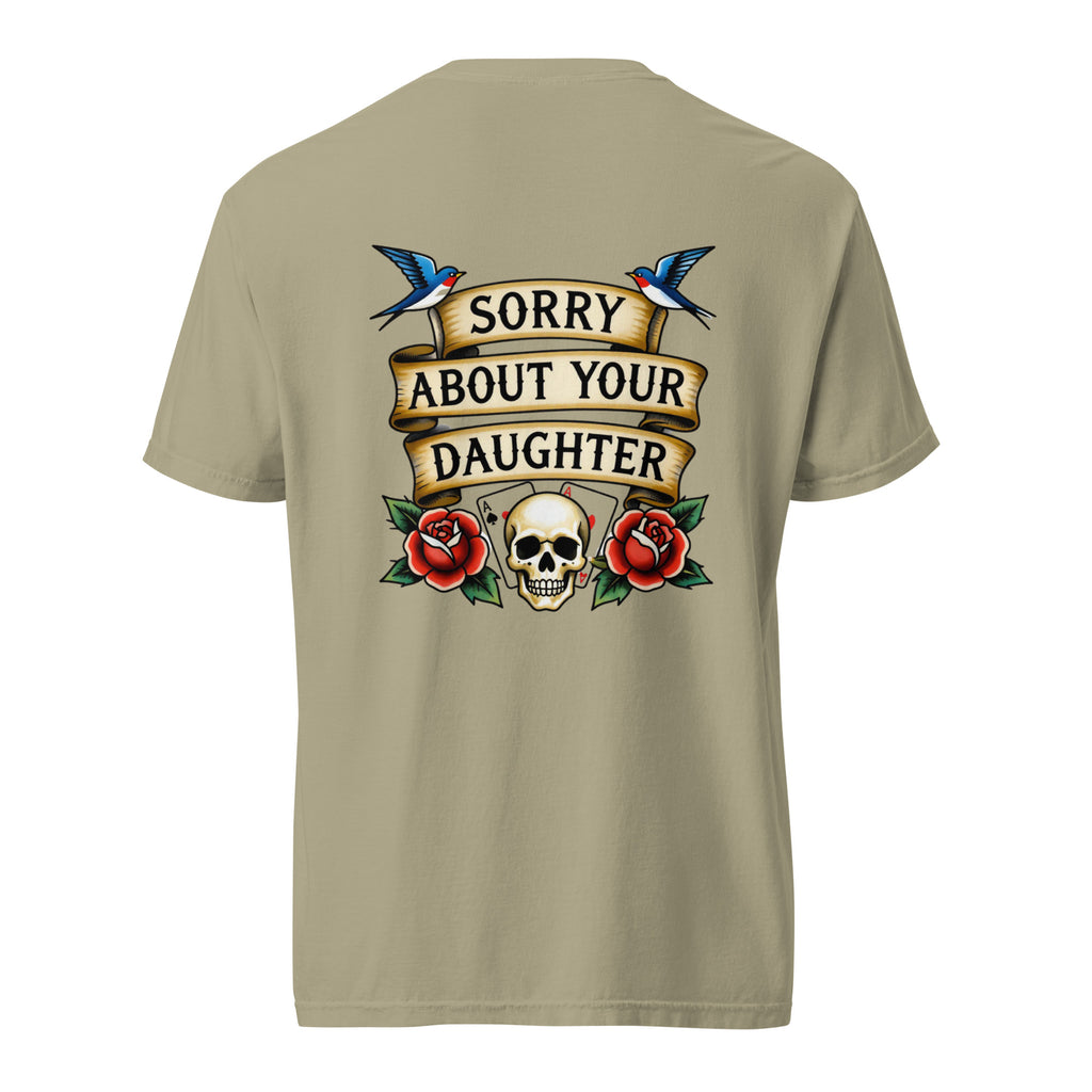 Beige t-shirt with graphic design and text on a white background