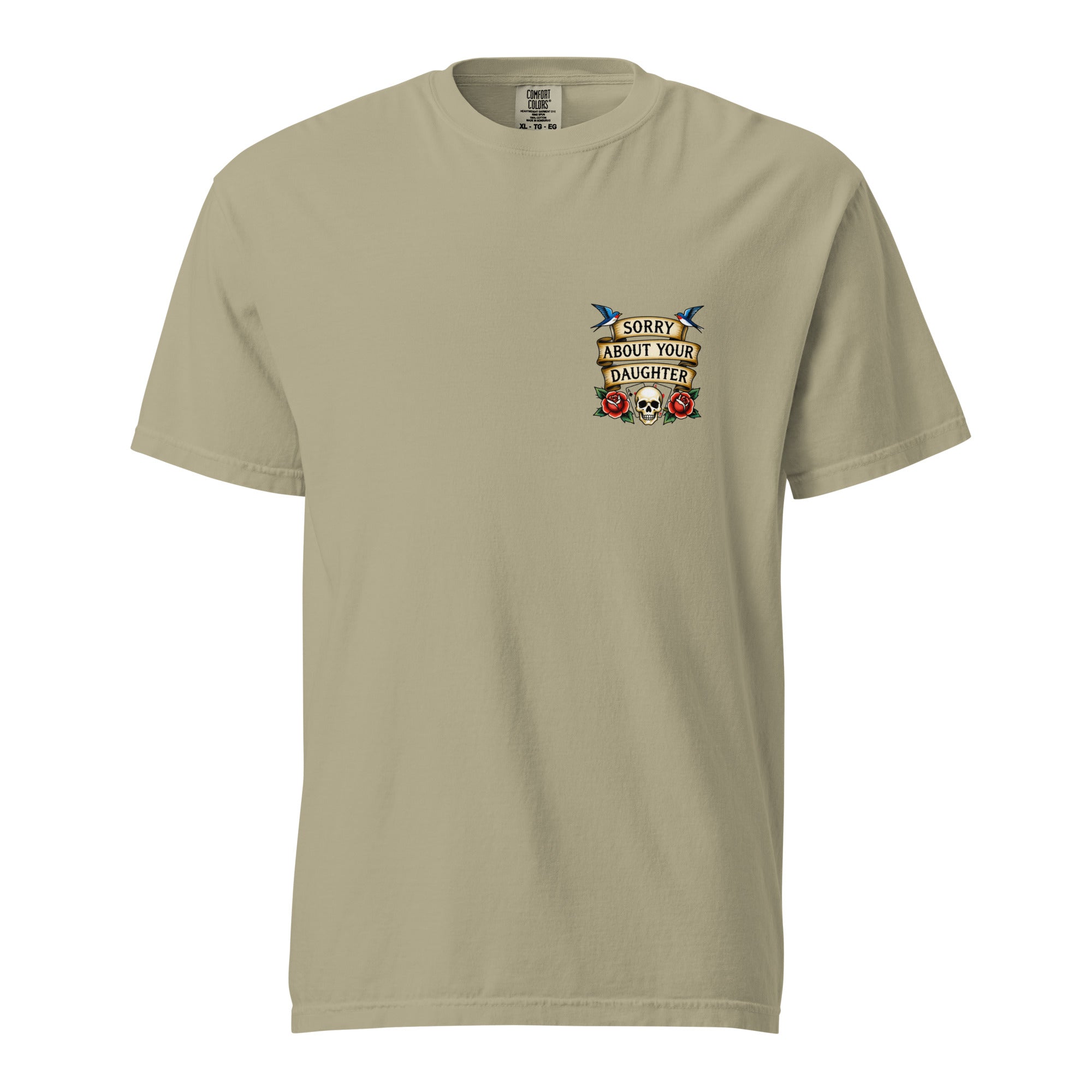 Beige t-shirt with graphic design on a white background