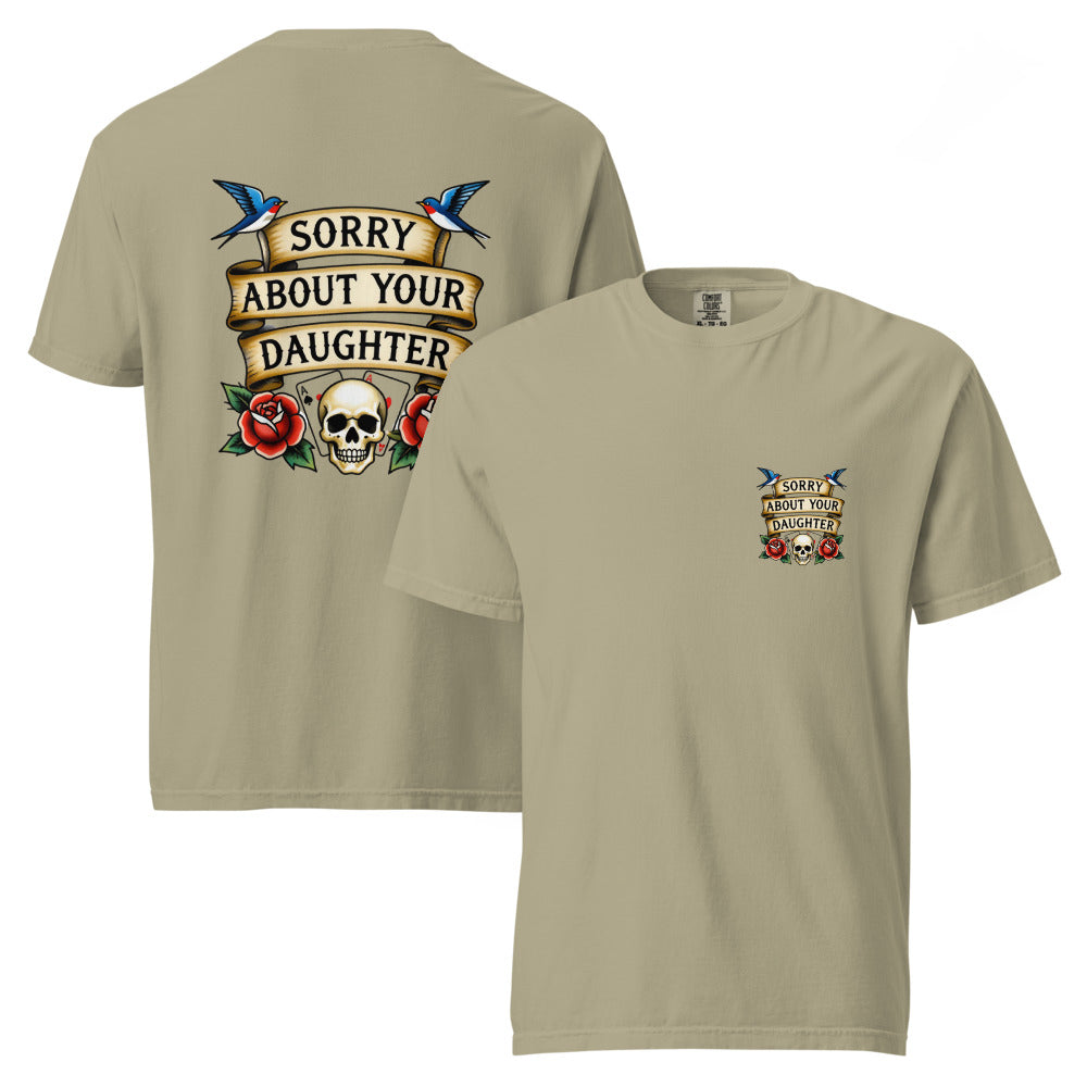 Beige t-shirt with graphic design on front and back